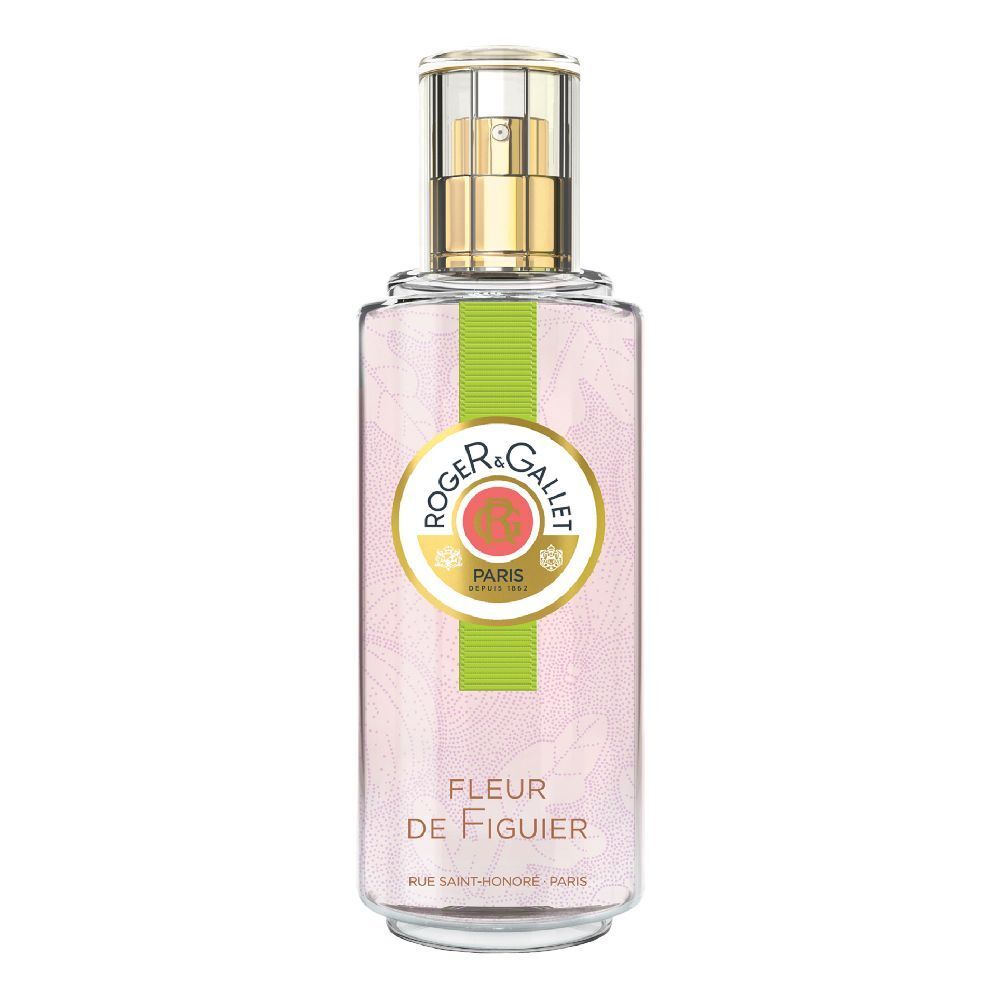 Flacon avec bouchon doré. Étiquette verte et blanche avec logo. Liquide rose.