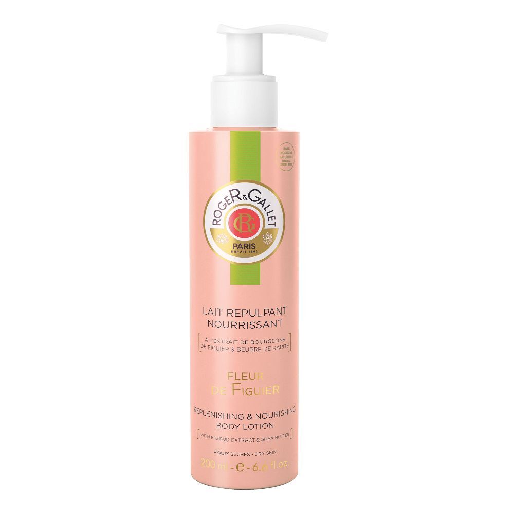 Flacon rose avec pompe blanche. Inscriptions: Roger&Gallet, Fleur de Figuier, Lait Repulpant Nourrissant. 200 ml.