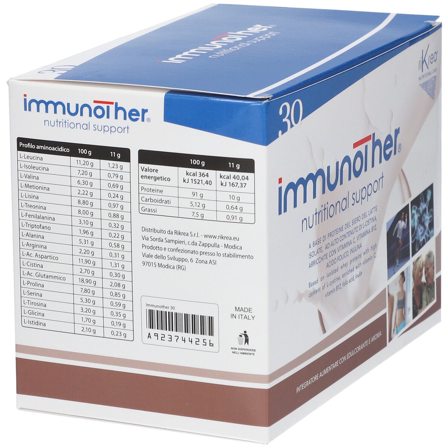 Karton mit "immunother"-Schriftzug. Enthält 30 Portionen. Nährwertangaben und Inhaltsstoffe auf der Rückseite.