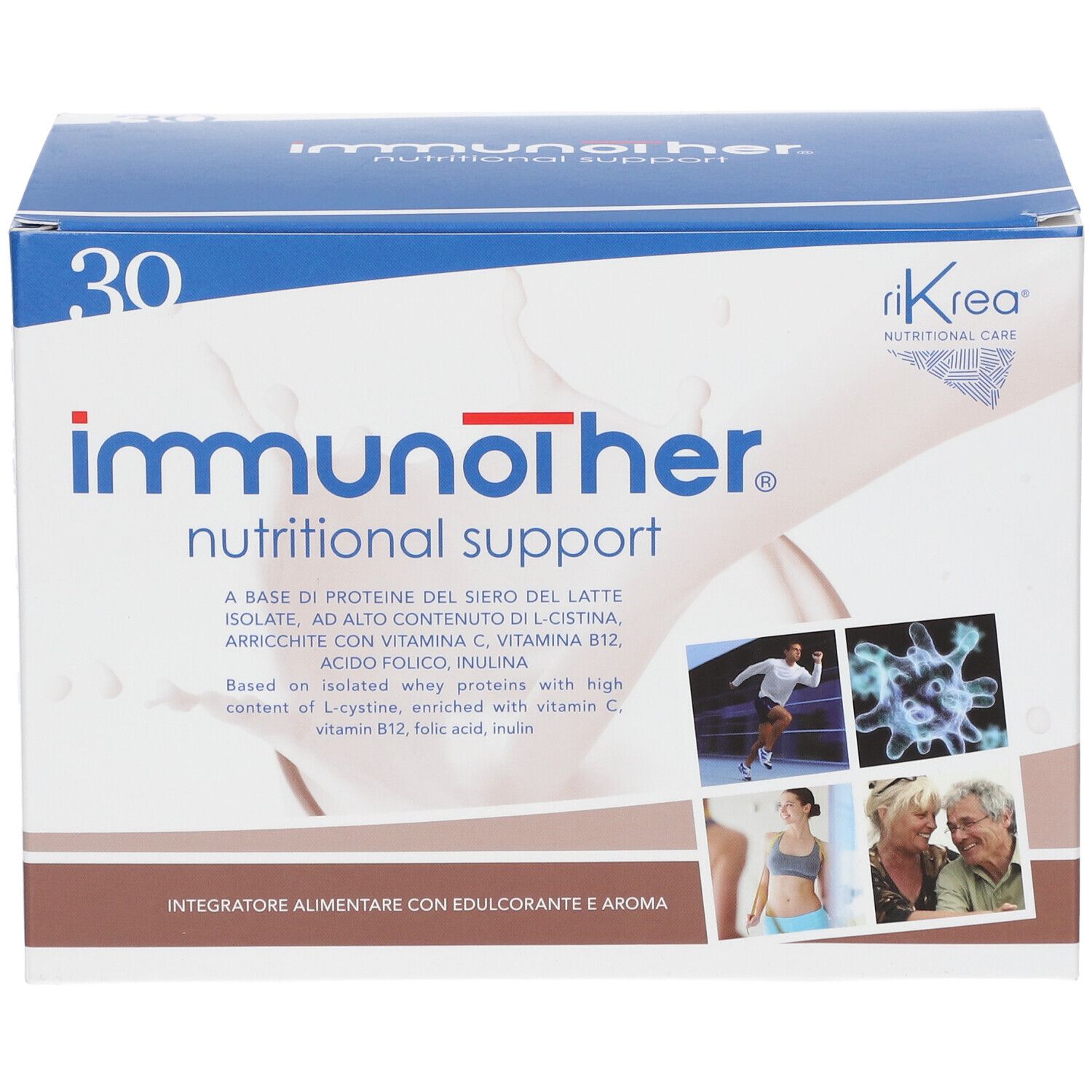 Karton mit "immunother"-Schriftzug. Enthält 30 Portionen. Aufschrift: Nutritional Support. Abbildungen von Personen und Molekülen.