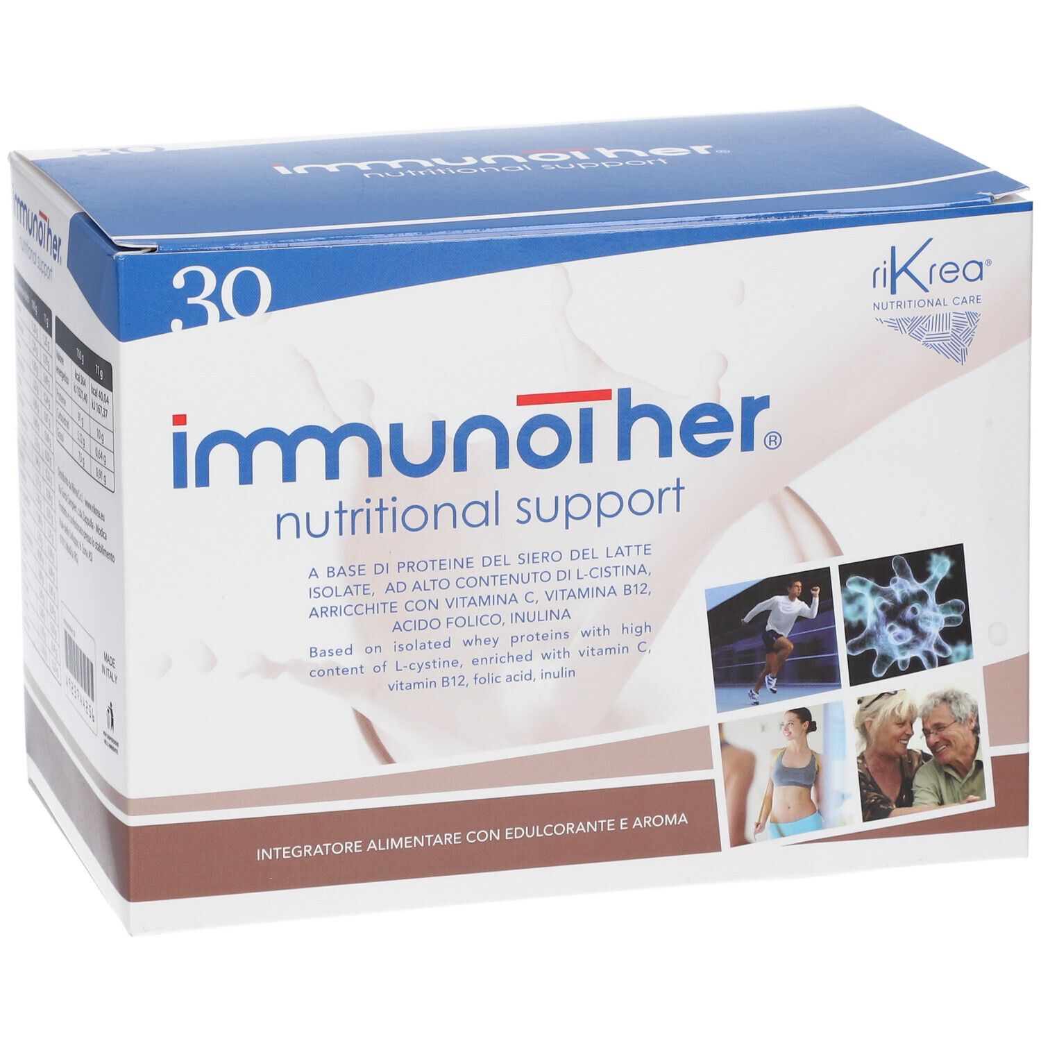 Karton mit "immunother"-Schriftzug. Enthält 30 Portionen. Aufschrift: Nutritional Support. Abbildungen von Personen und Molekülen.