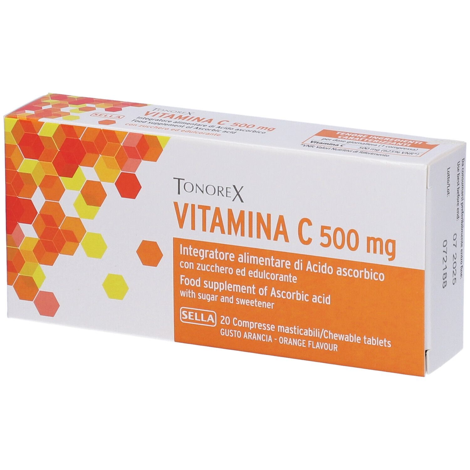 Schachtel mit Tonorex Vitamin C 500 mg. Orangefarbene und weiße Verpackung. Text: Vitamin C, 20 Tabletten, Geschmacksrichtung Orange.