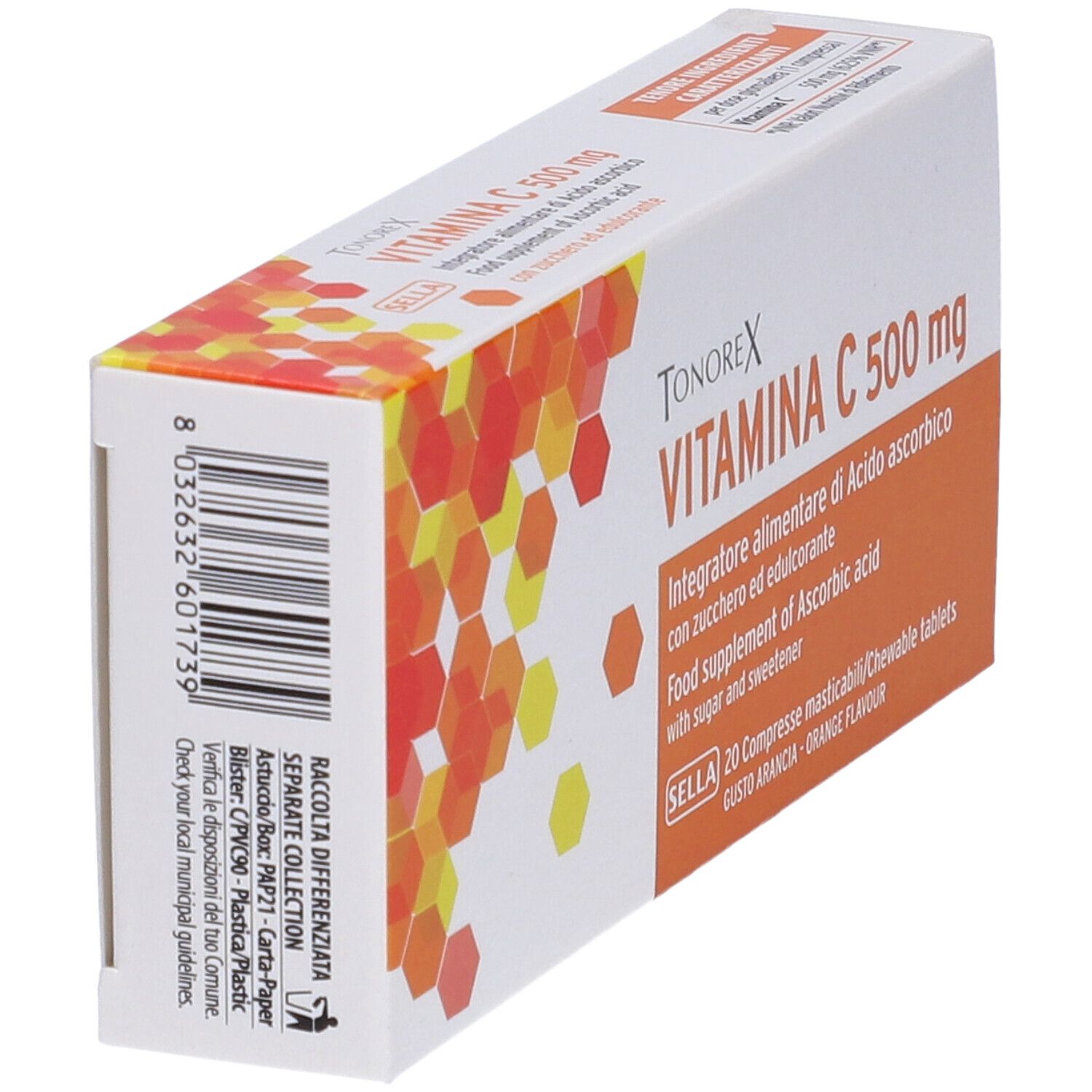 Schachtel Tonorex Vitamin C 500 mg. Rückseite mit Barcode und Text. Orangefarbenes Design. Enthält 20 Tabletten.