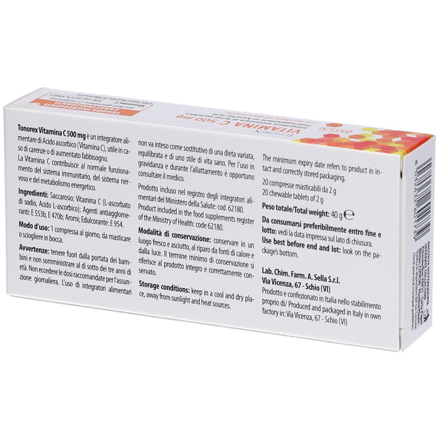 Rückseite der Schachtel Tonorex Vitamin C 500 mg. Textinformationen, Inhaltsstoffe, Anwendungshinweise und Haltbarkeit.