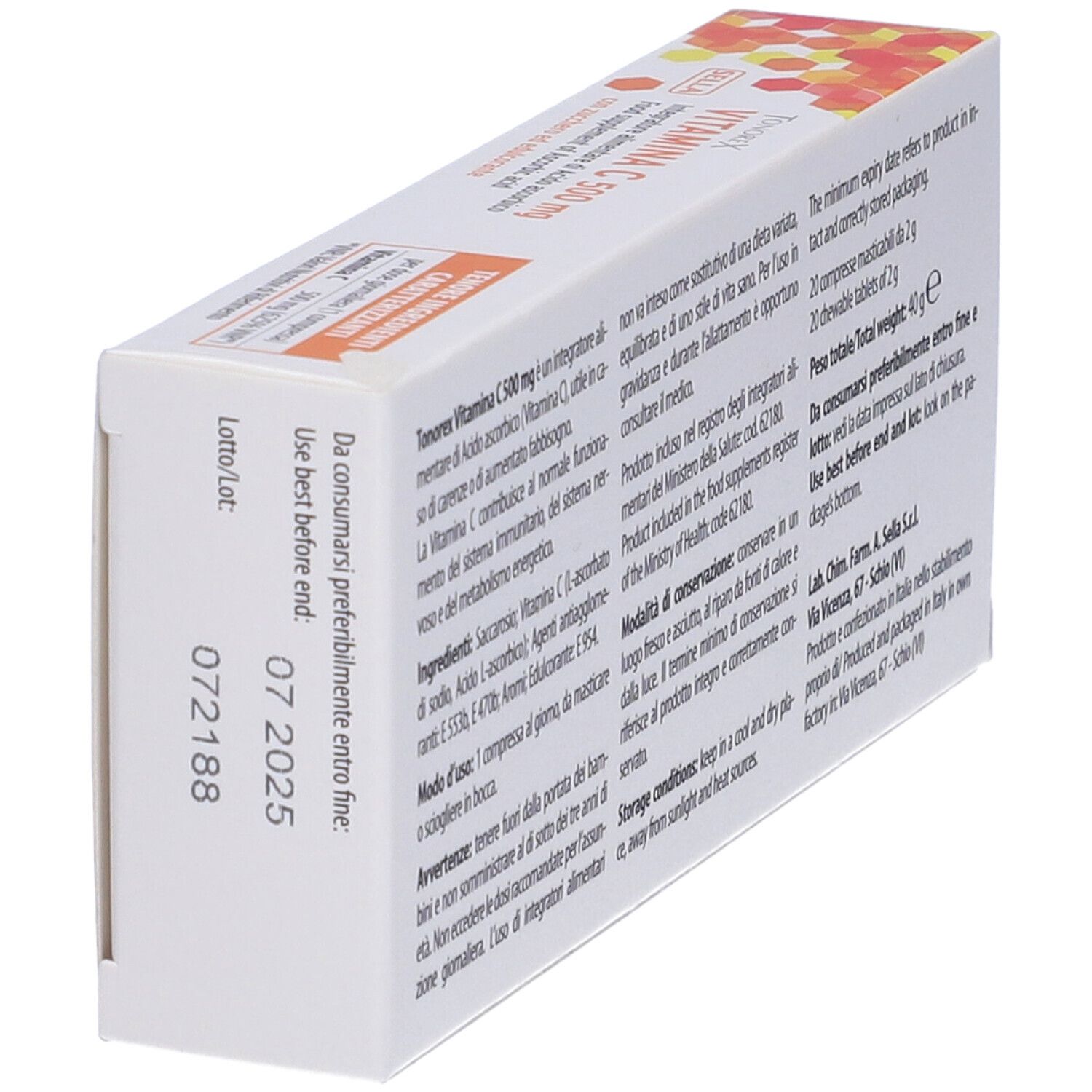 Schachtel Tonorex Vitamin C 500 mg. Detailansicht der Rückseite. Mindesthaltbarkeitsdatum: 07 2025.