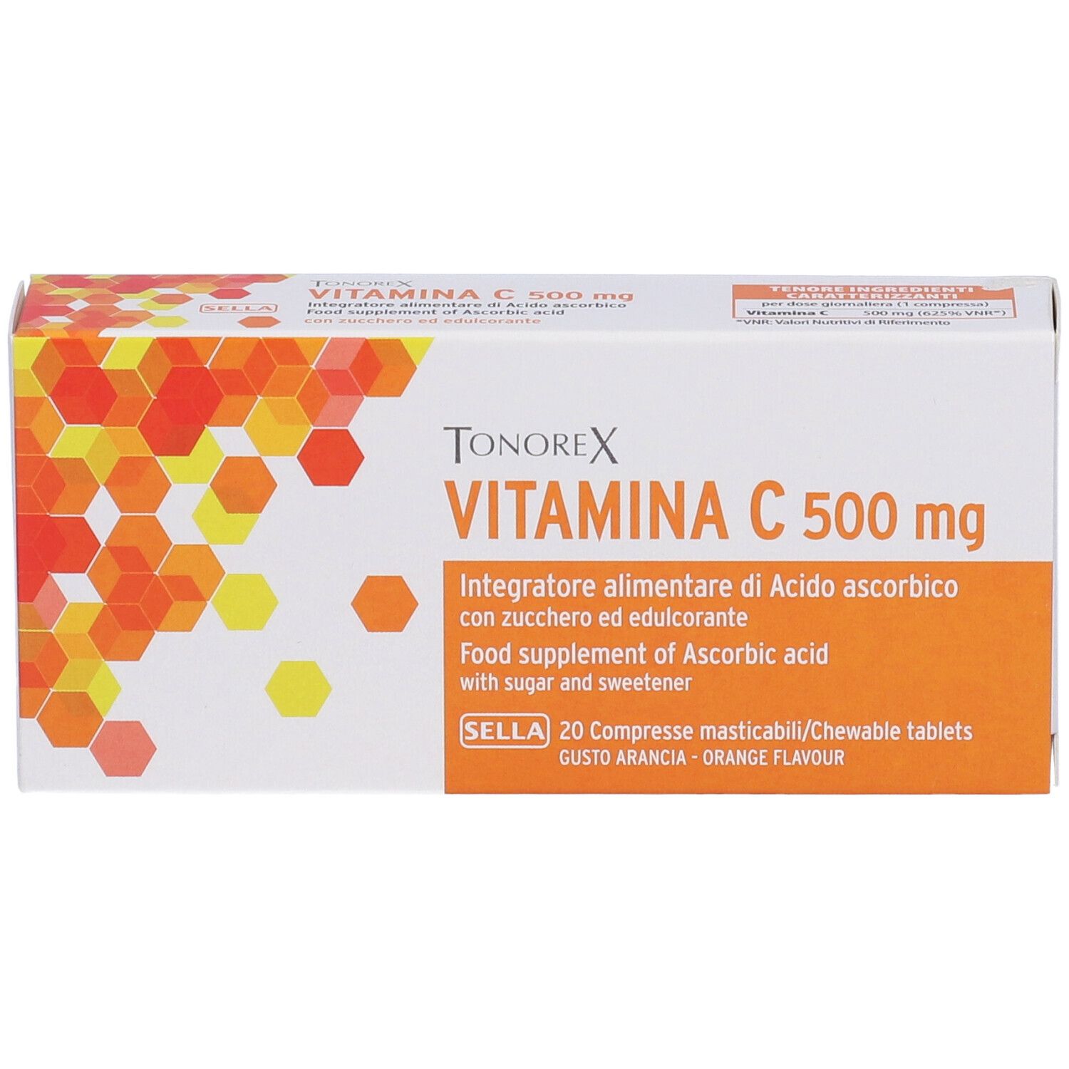 Schachtel Tonorex Vitamin C 500 mg. Vorderseite mit Produktnamen und Informationen. Orangefarbenes Design.