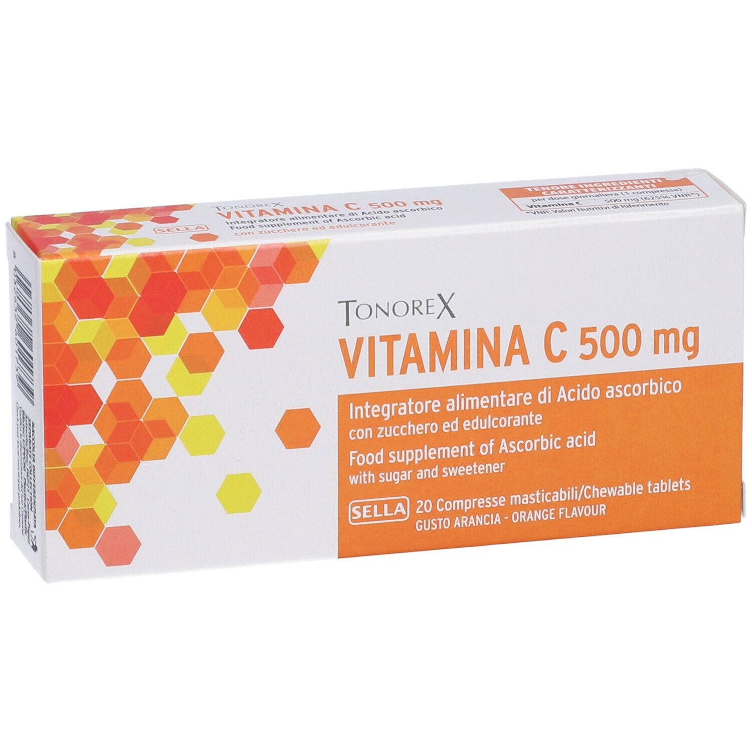 Schachtel Tonorex Vitamin C 500 mg. Vorderseite mit Produktnamen und Informationen. Orangefarbenes Design.