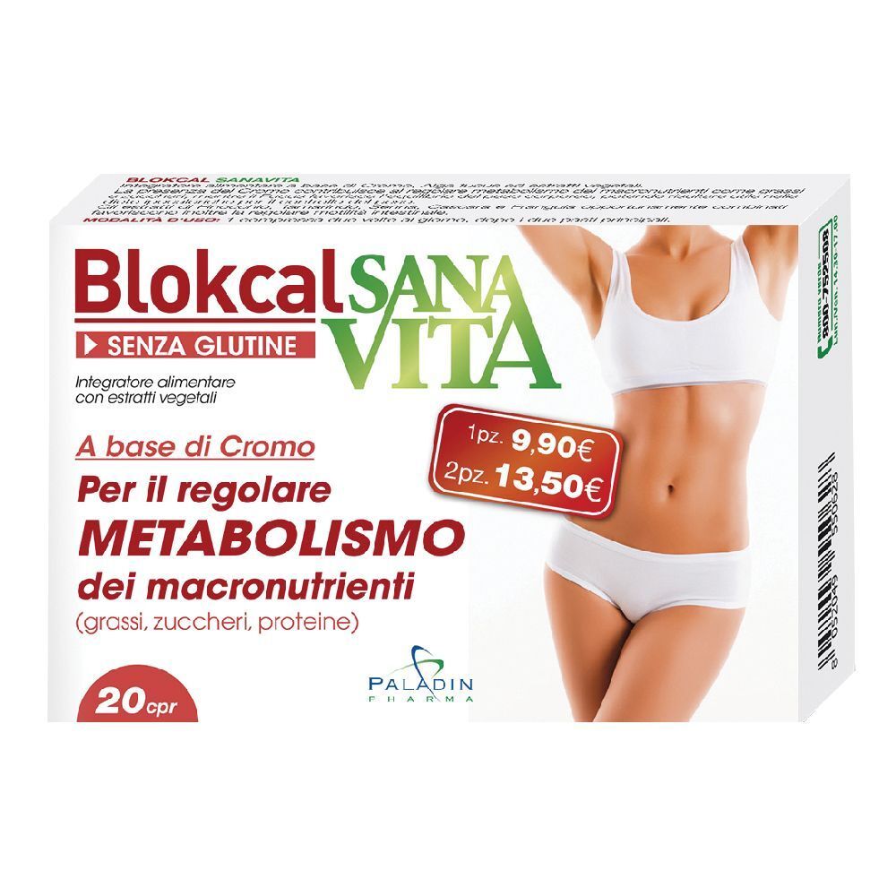 Boîte de Blokcal. Inscription : Sana Vita, sans gluten, 20 comprimés. Contient du chrome pour réguler le métabolisme.