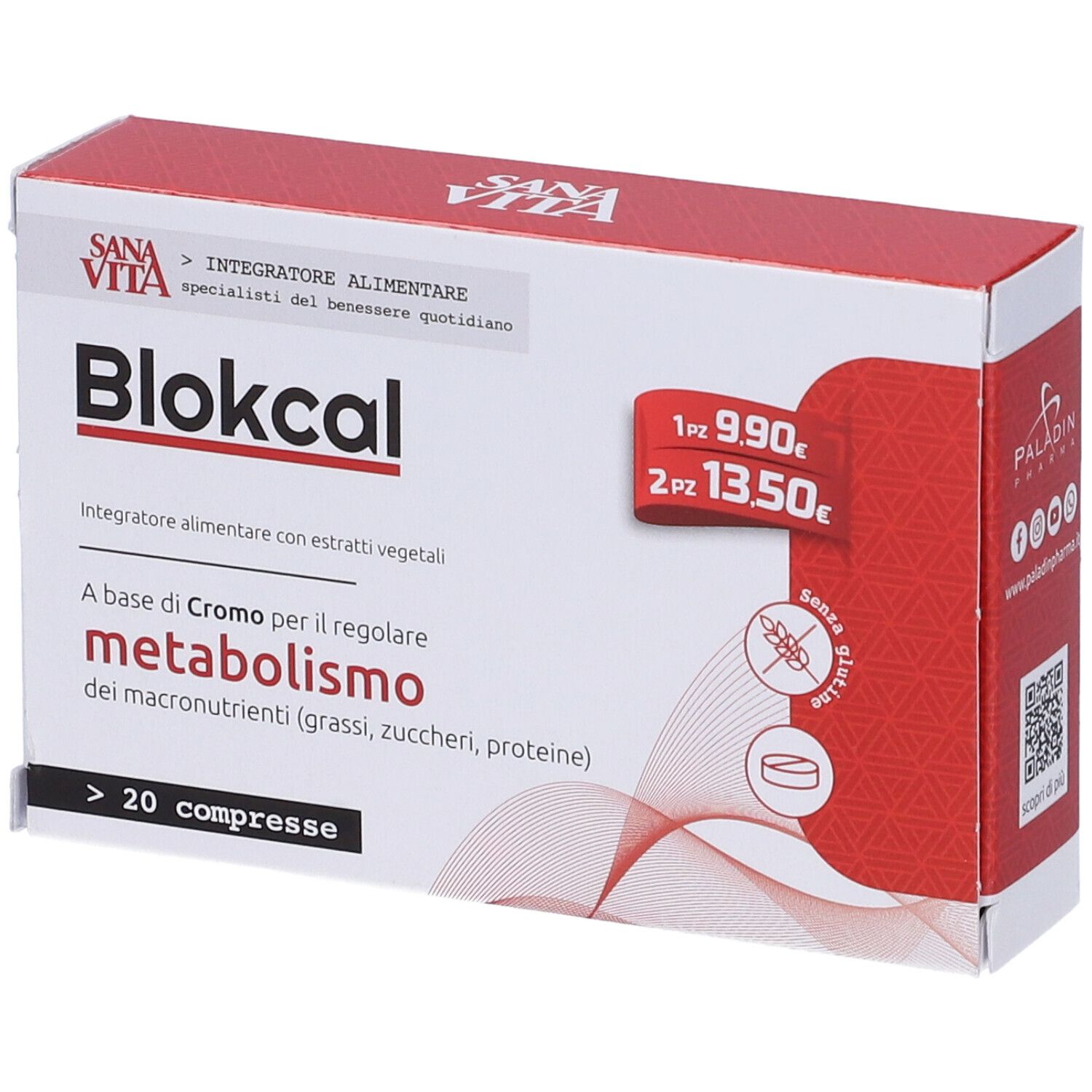 Boîte de Blokcal. Inscription : Sana Vita, sans gluten, 20 comprimés. Contient du chrome pour réguler le métabolisme.
