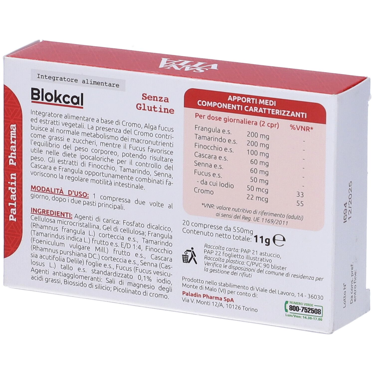 Dos de la boîte de Blokcal. Contient des informations sur les ingrédients, le dosage et les valeurs nutritionnelles. Sans gluten.