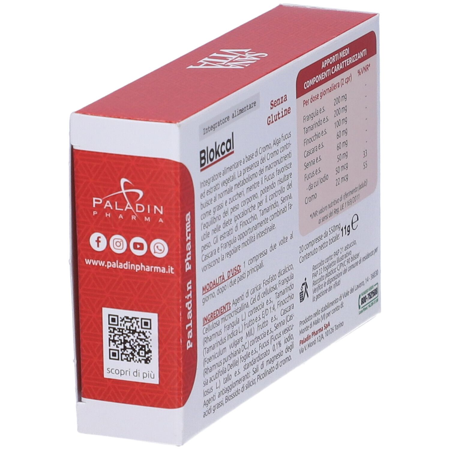 Dos de la boîte de Blokcal. Contient des informations sur les ingrédients, le dosage et les valeurs nutritionnelles. Sans gluten.