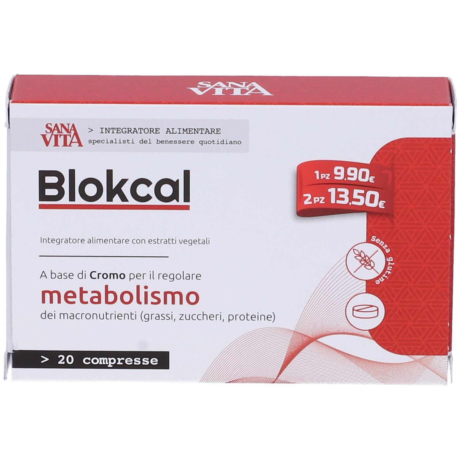 Boîte de Blokcal. Inscription : Sana Vita, sans gluten, 20 comprimés. Contient du chrome pour réguler le métabolisme.