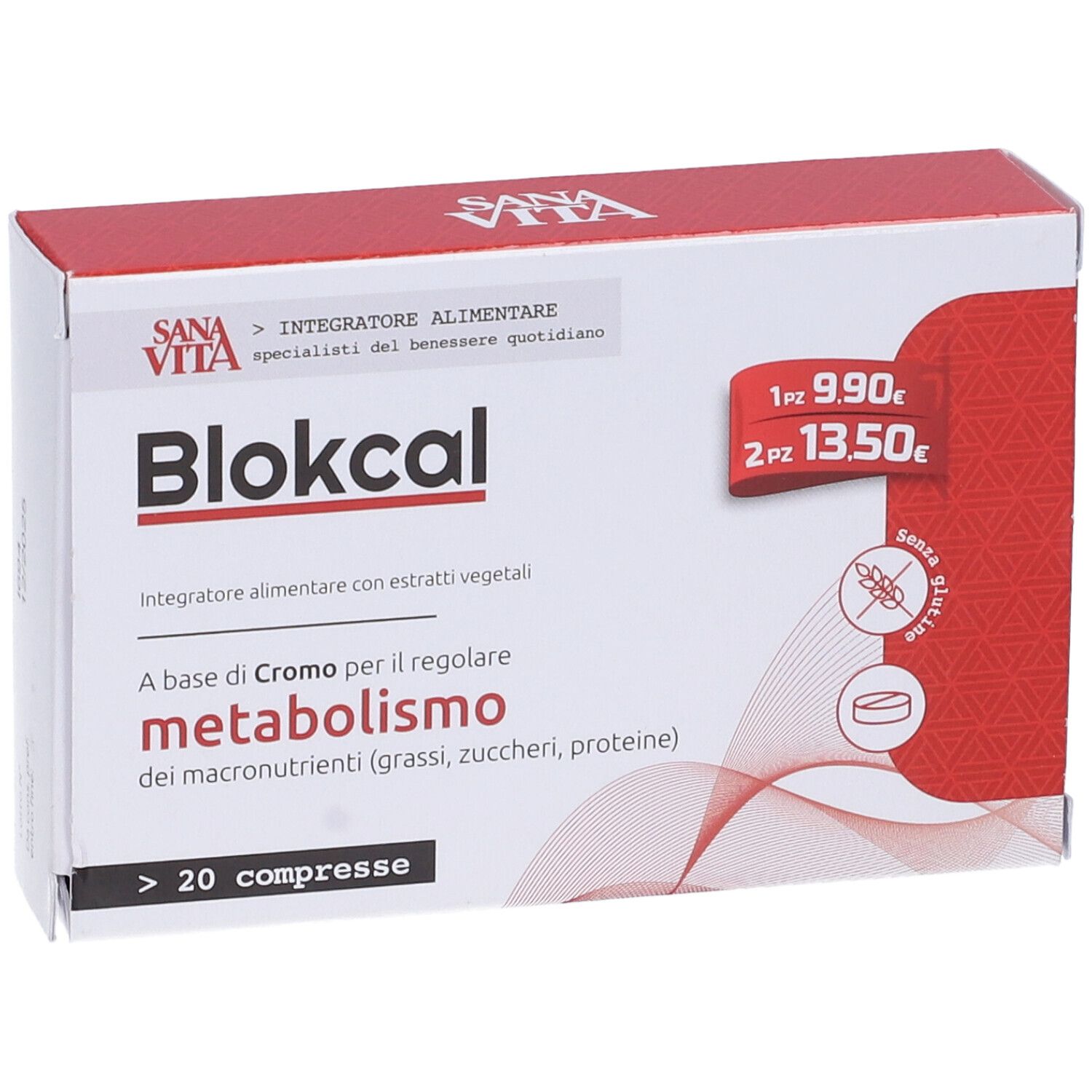 Boîte de Blokcal. Inscription : Sana Vita, sans gluten, 20 comprimés. Contient du chrome pour réguler le métabolisme.