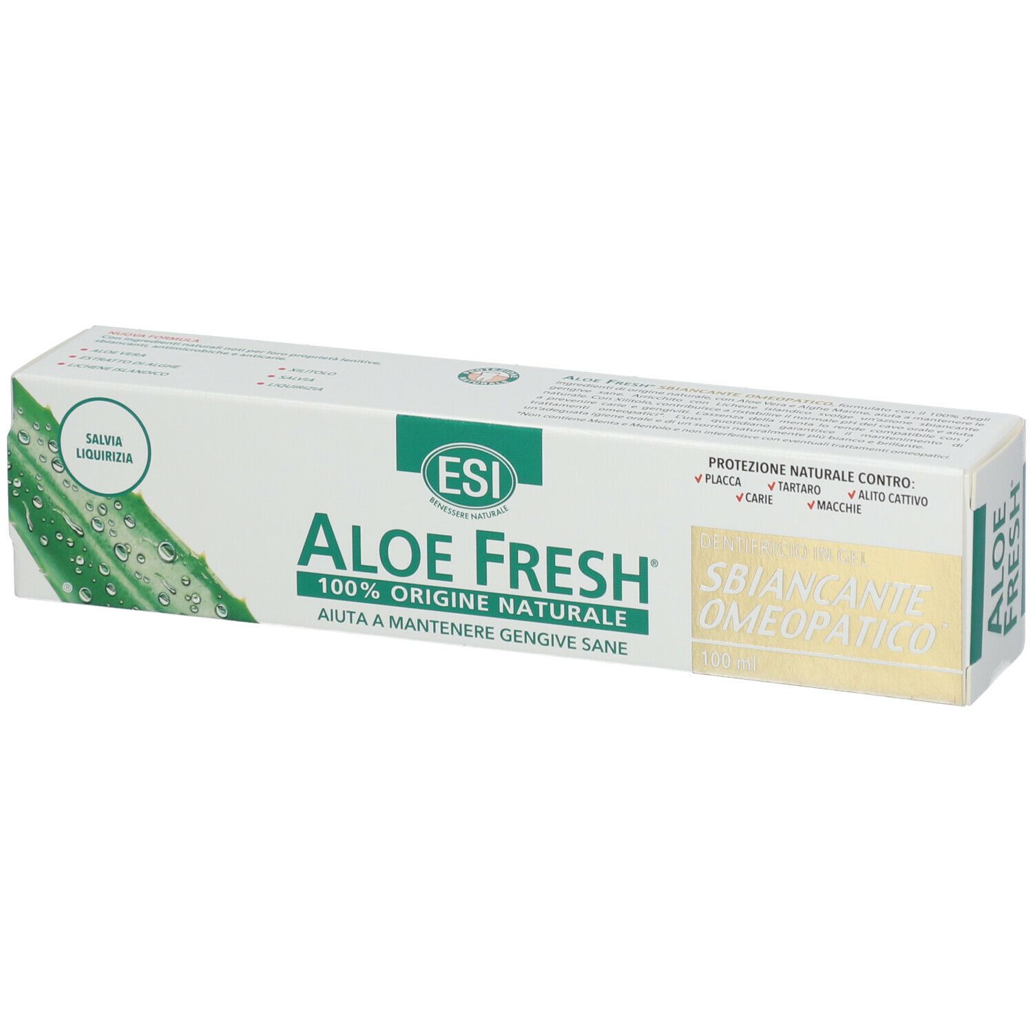 Emballage de dentifrice ESI Aloe Fresh. Inscription: 100% d'origine naturelle, aide à maintenir des gencives saines.