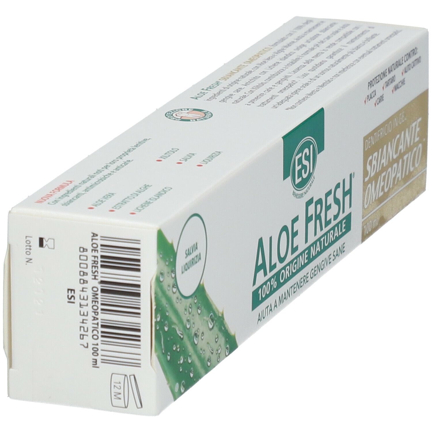 Emballage de dentifrice en biais. ESI Aloe Fresh, 100% d'origine naturelle. Texte: Aide à maintenir des gencives saines.