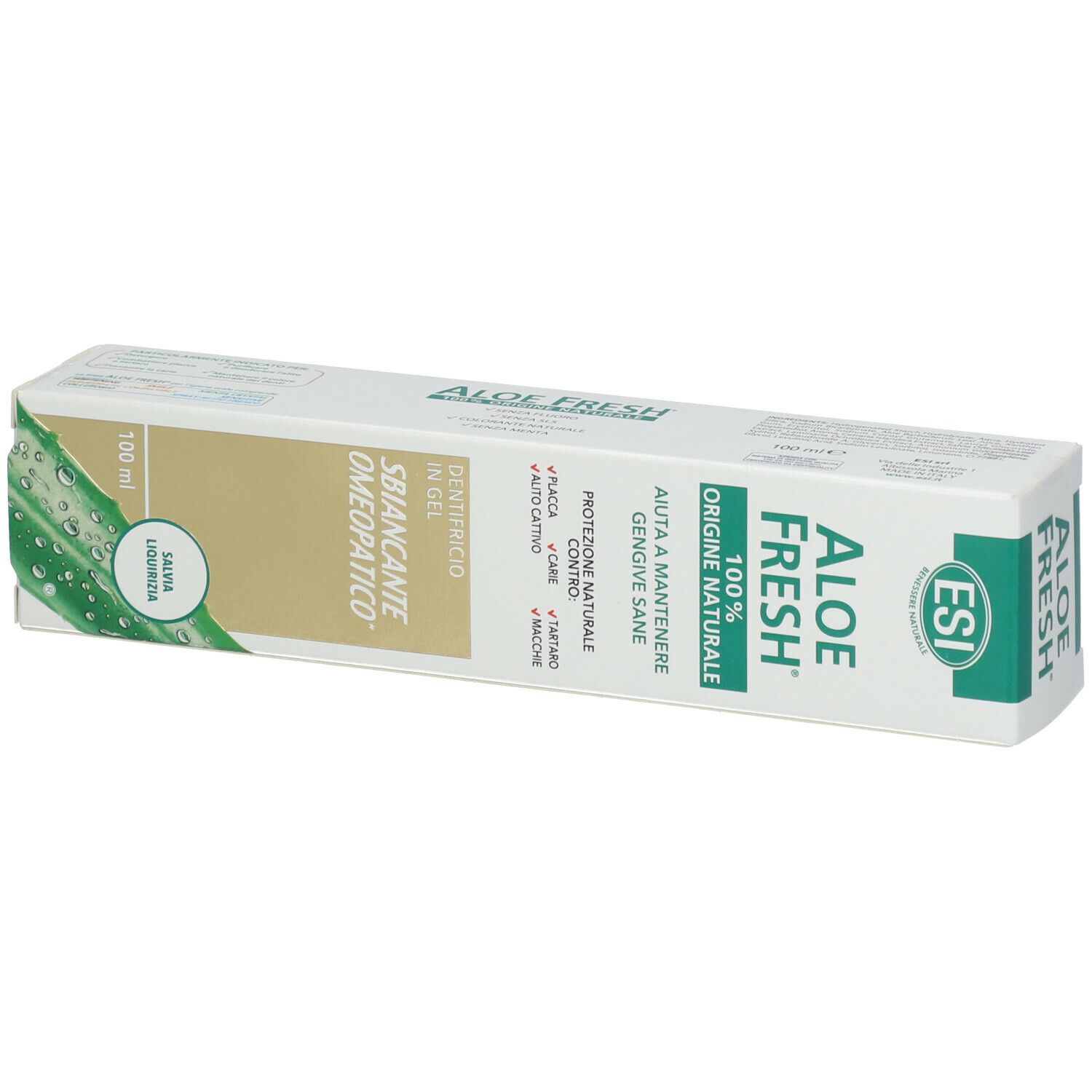 Emballage de dentifrice en biais. ESI Aloe Fresh, 100% d'origine naturelle. Texte: Aide à maintenir des gencives saines.