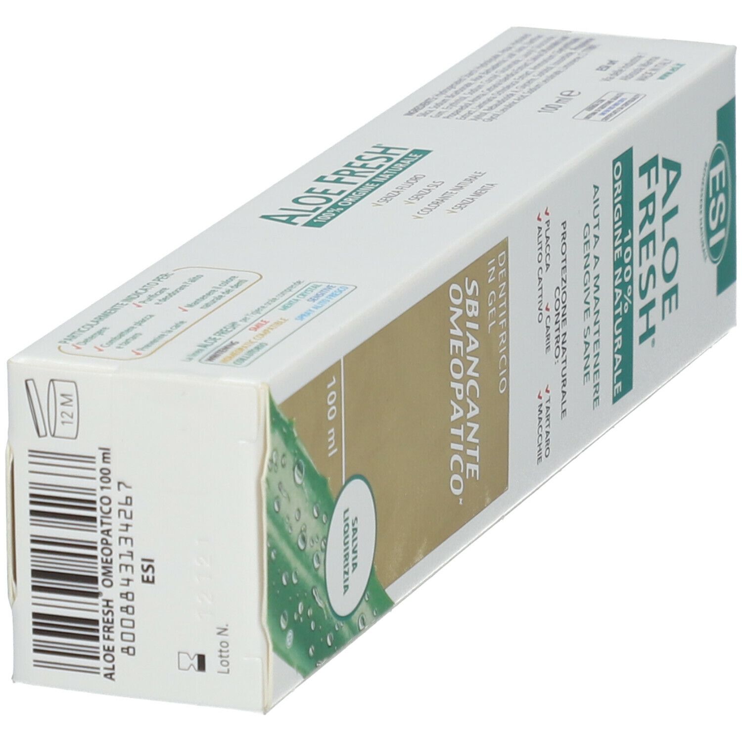 Emballage de dentifrice en biais. ESI Aloe Fresh, 100% d'origine naturelle. Texte: Aide à maintenir des gencives saines.