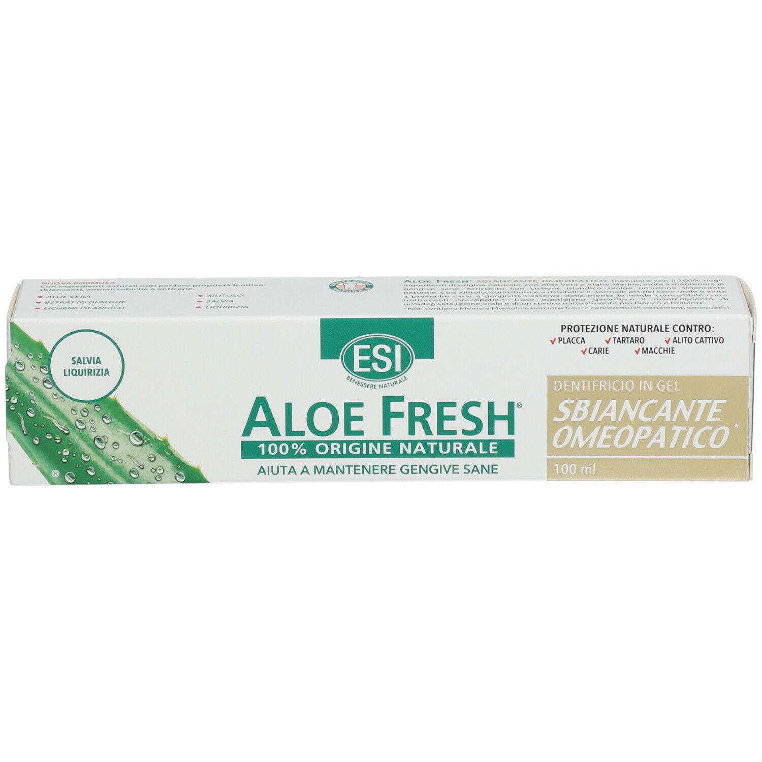 Emballage de dentifrice. ESI Aloe Fresh, 100% d'origine naturelle. Texte: Aide à maintenir des gencives saines.