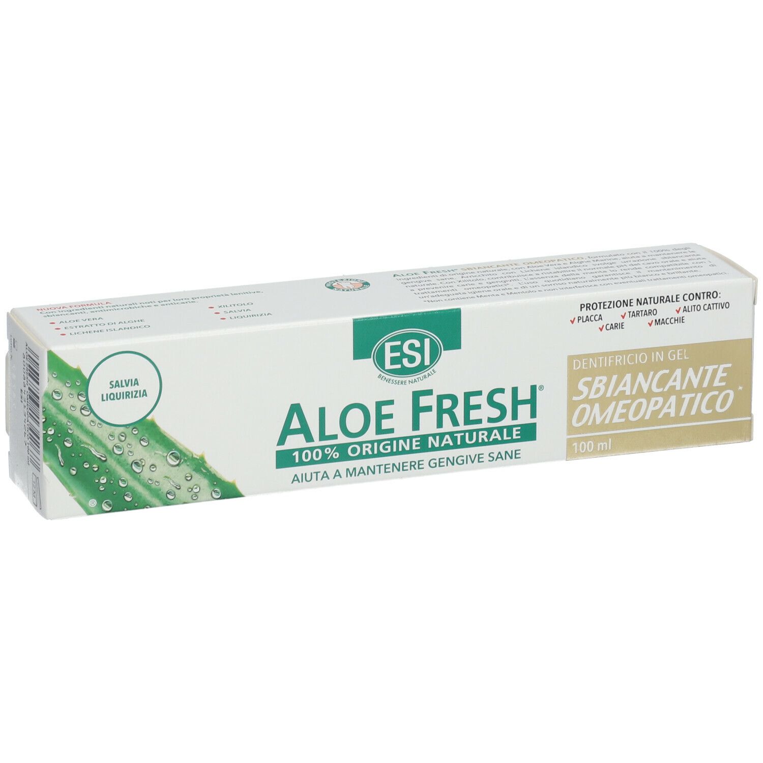 Emballage de dentifrice. ESI Aloe Fresh, 100% d'origine naturelle. Texte: Aide à maintenir des gencives saines.