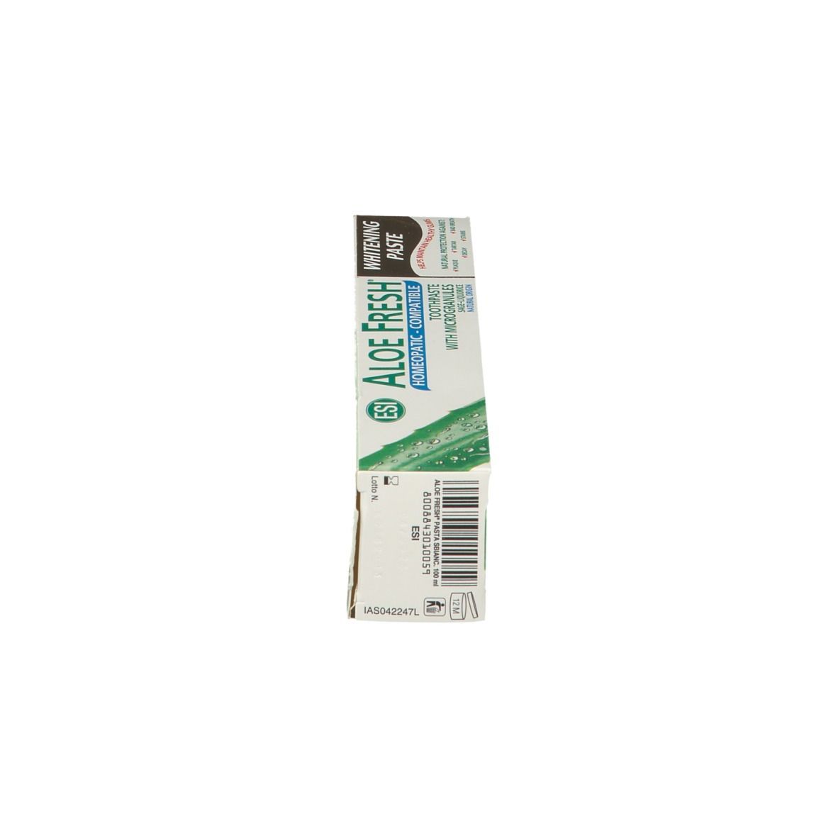 Emballage de dentifrice vertical. ESI Aloe Fresh, 100% d'origine naturelle. Texte: Aide à maintenir des gencives saines.