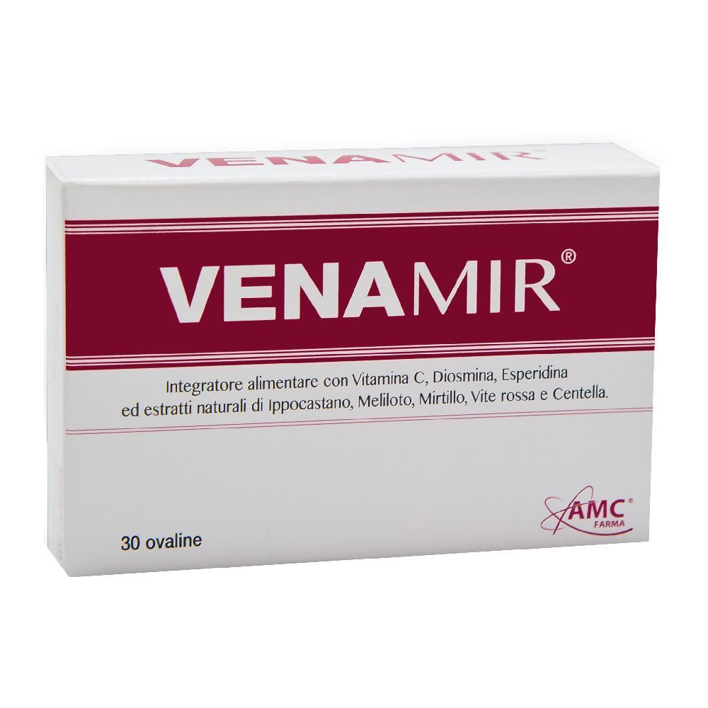 Boîte VENAMIR®. Carton blanc avec texte rouge. Contient 30 comprimés ovales. Logo AMC Farma.