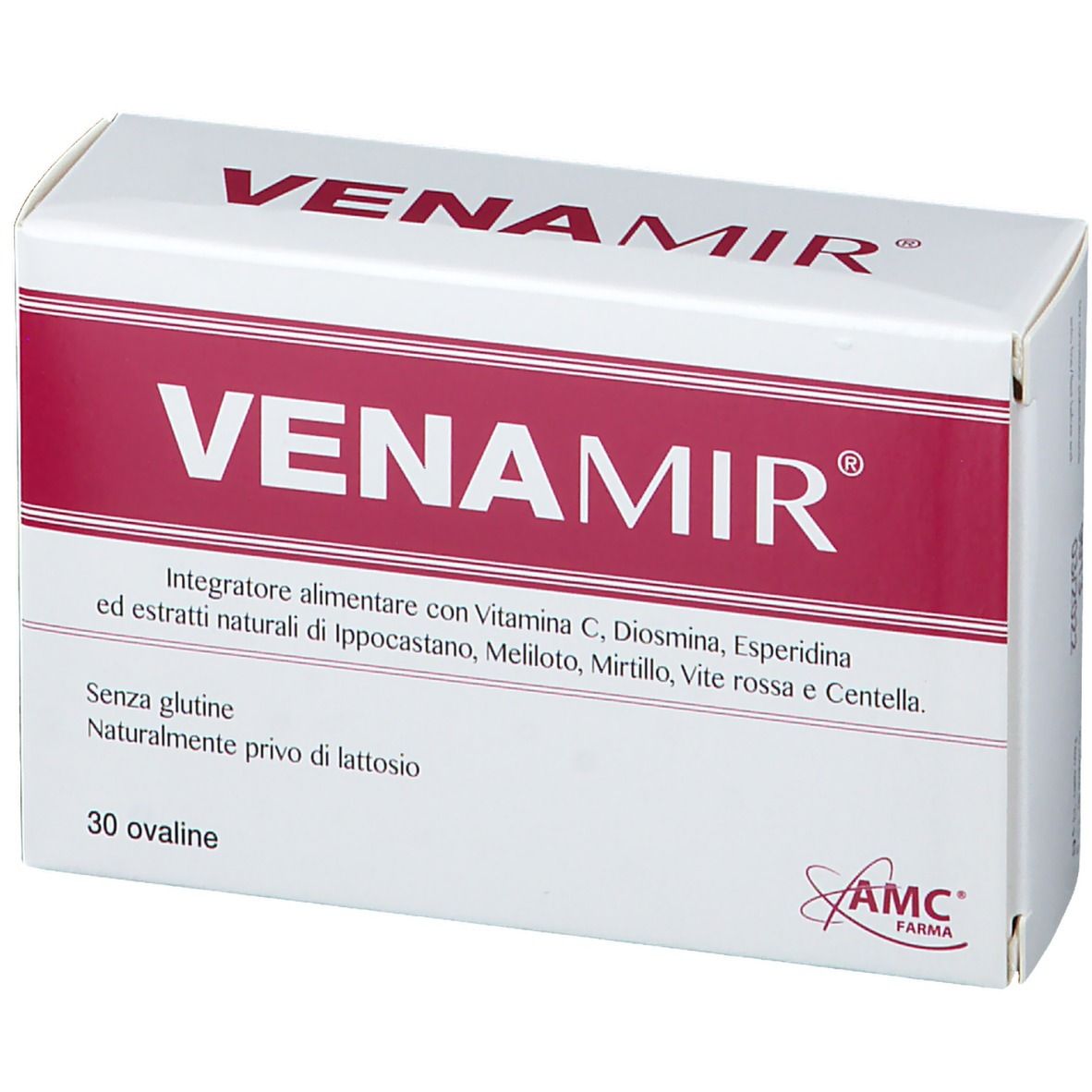 Boîte VENAMIR®. Carton blanc avec texte rouge. Contient 30 comprimés ovales. Logo AMC Farma.