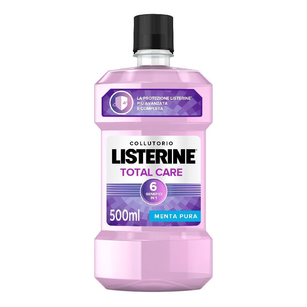 Mundspülung Listerine Total Care. Flasche mit rosa Flüssigkeit. Etikett mit Produktnamen, 6 Vorteile und 500ml.