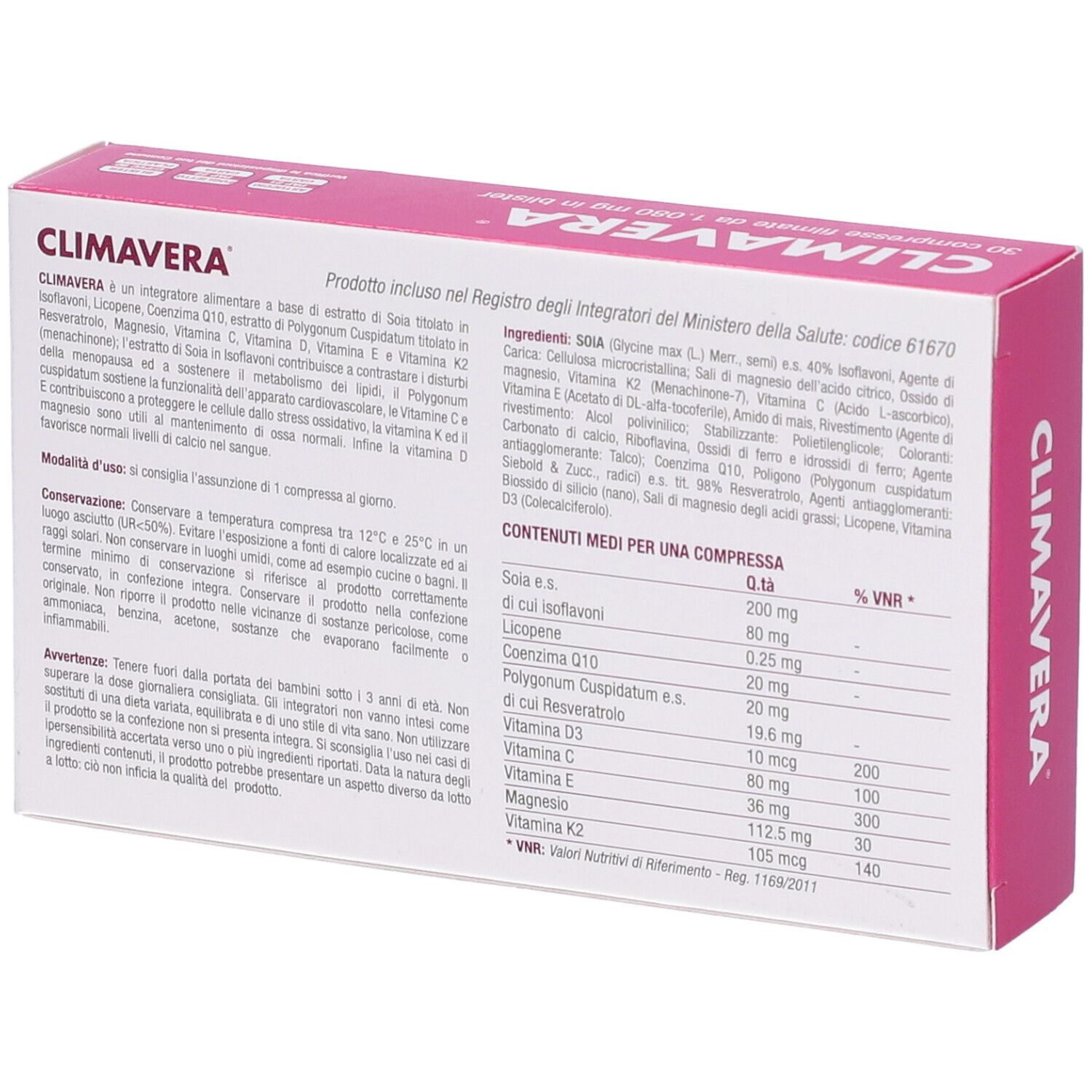 Dos de l'emballage Climavera. Contient ingrédients, informations nutritionnelles et fabricant.