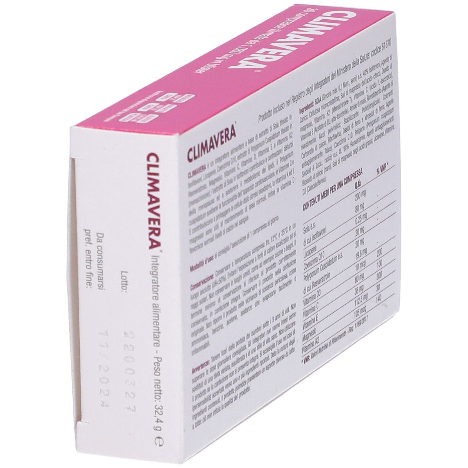 Dos de l'emballage Climavera. Contient ingrédients, informations nutritionnelles et fabricant.