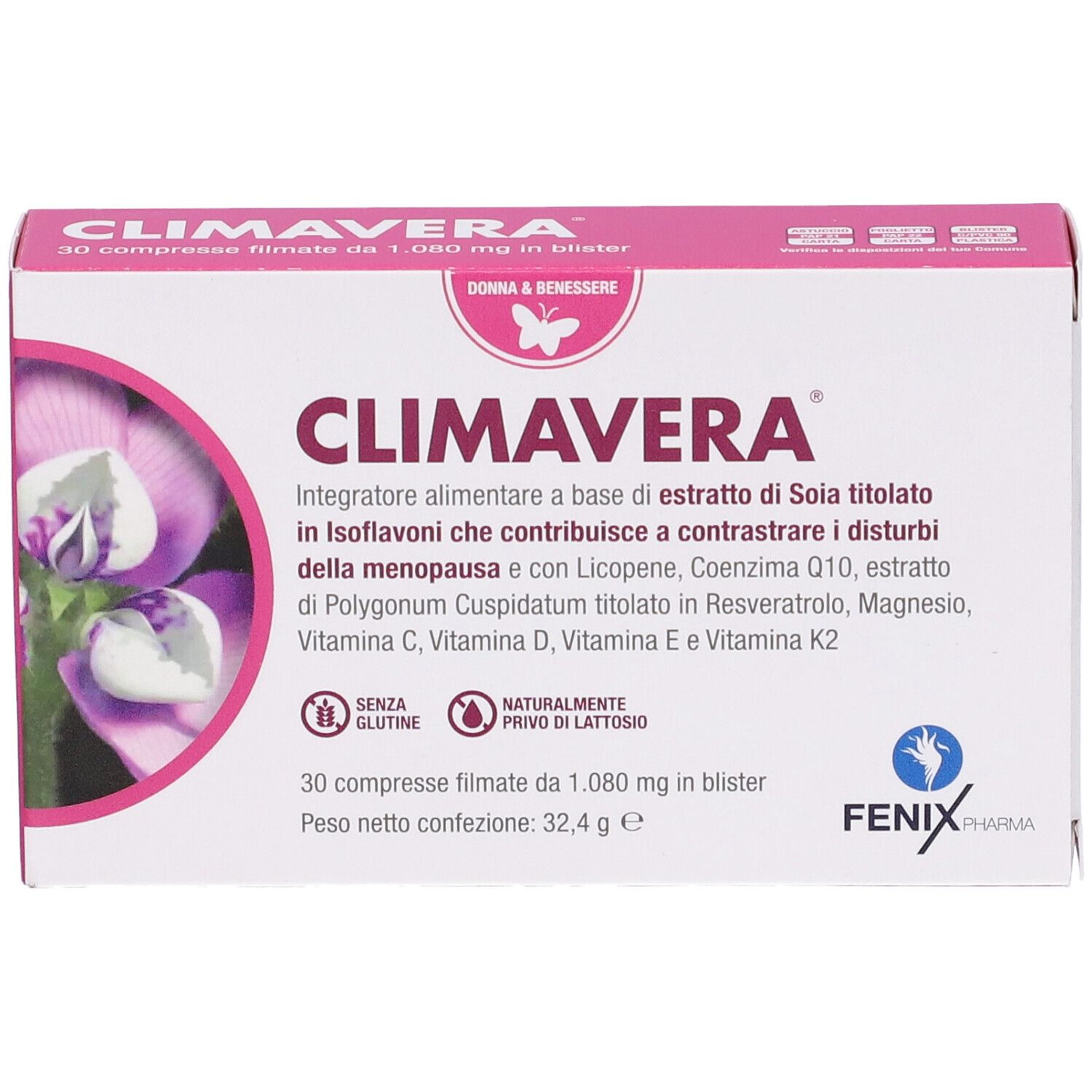 Emballage Climavera, 30 comprimés. Boîte blanche avec couvercle rose, nom et ingrédients.