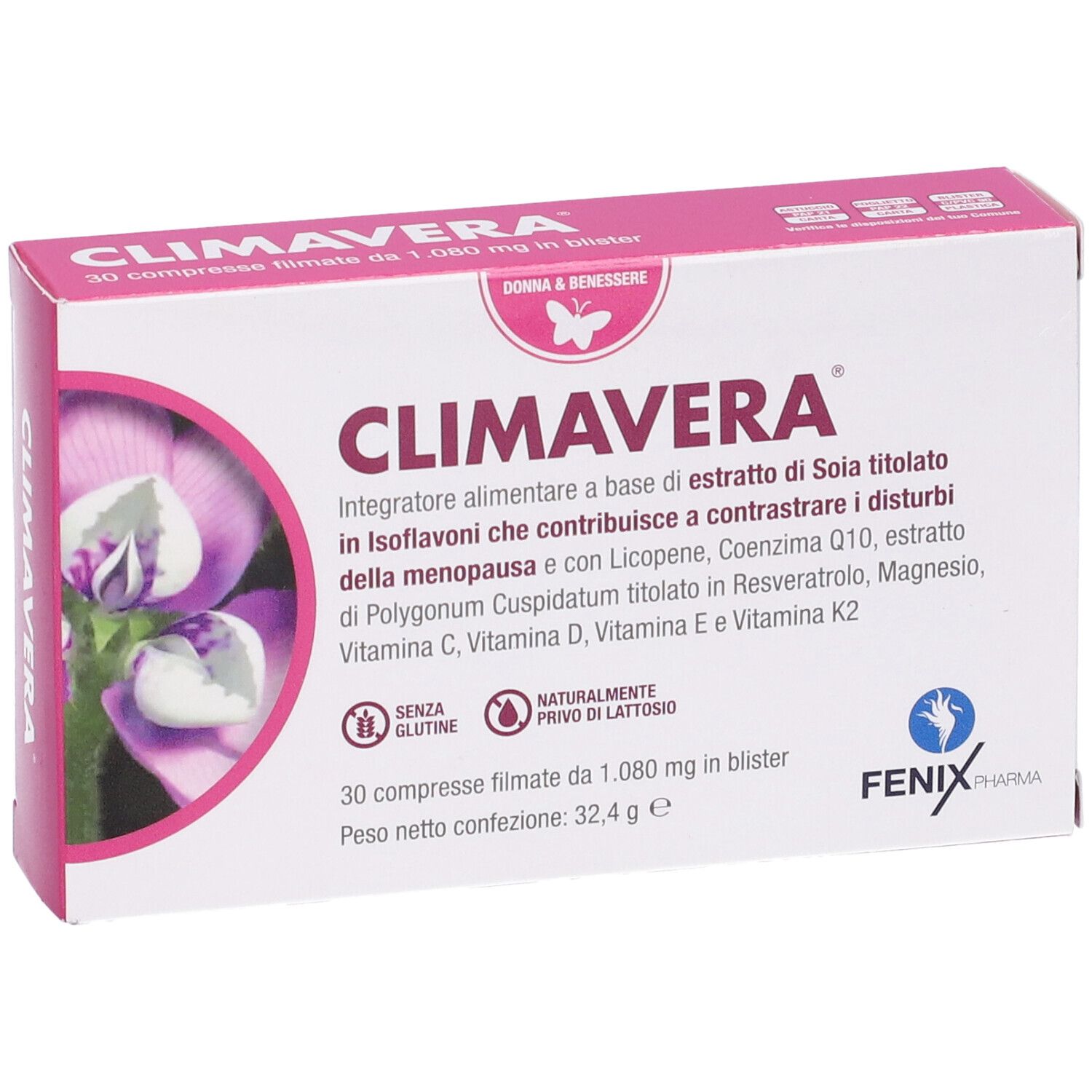 Emballage Climavera, 30 comprimés. Boîte blanche avec couvercle rose, nom et ingrédients.