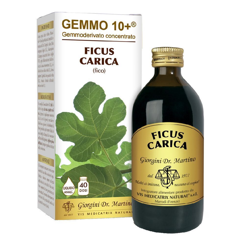 Flacon en verre brun avec bouchon doré et étiquette. À côté, une boîte avec des informations sur le produit et une feuille de figuier.