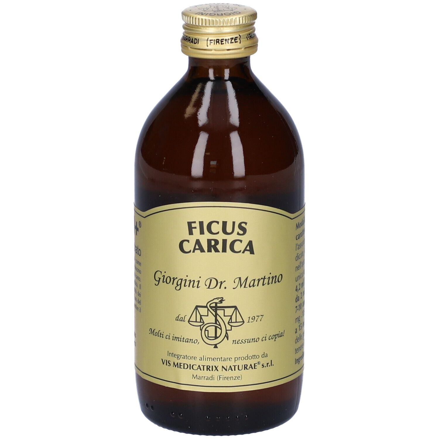 Flacon en verre brun avec bouchon doré et étiquette. L'étiquette indique 'Ficus Carica' et 'Giorgini Dr. Martino'.