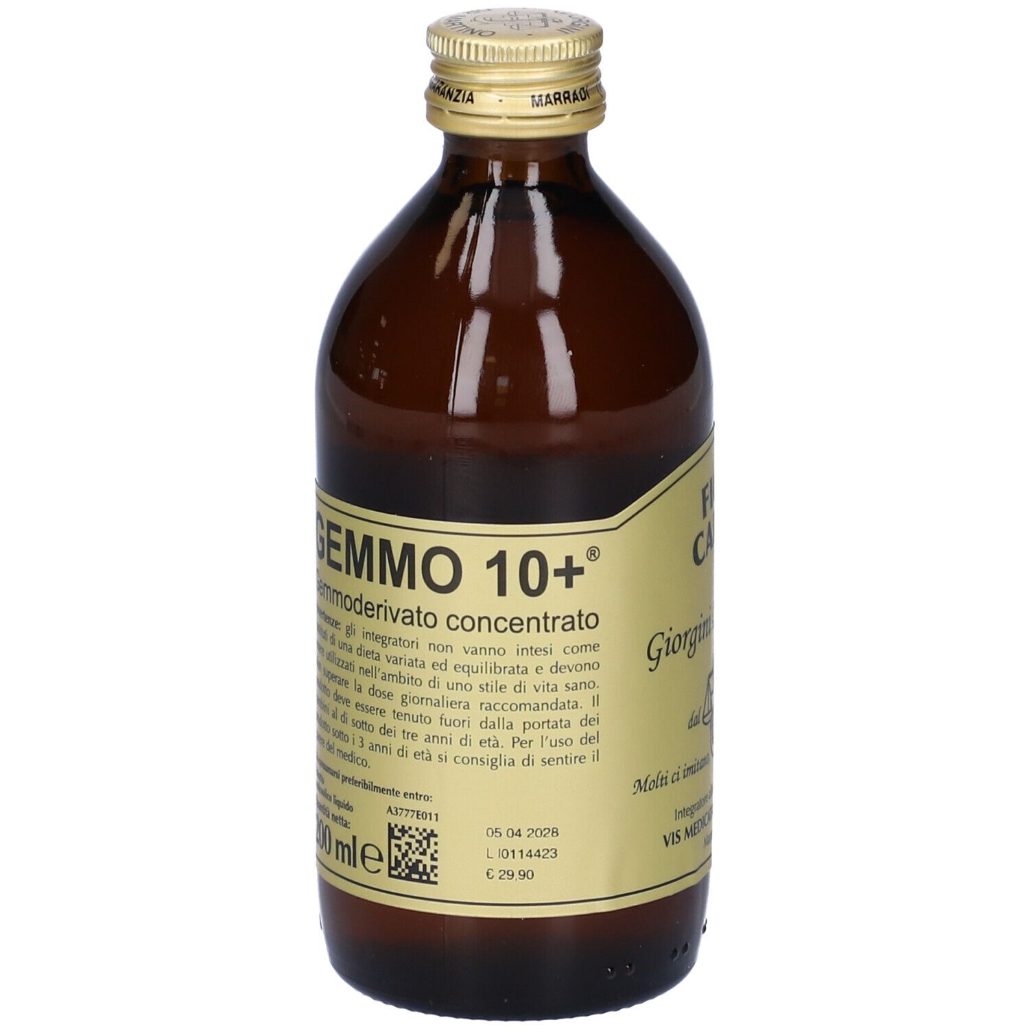 Flacon en verre brun avec bouchon doré et étiquette. L'étiquette indique 'Gemmo 10+' et 'Ficus Carica'.