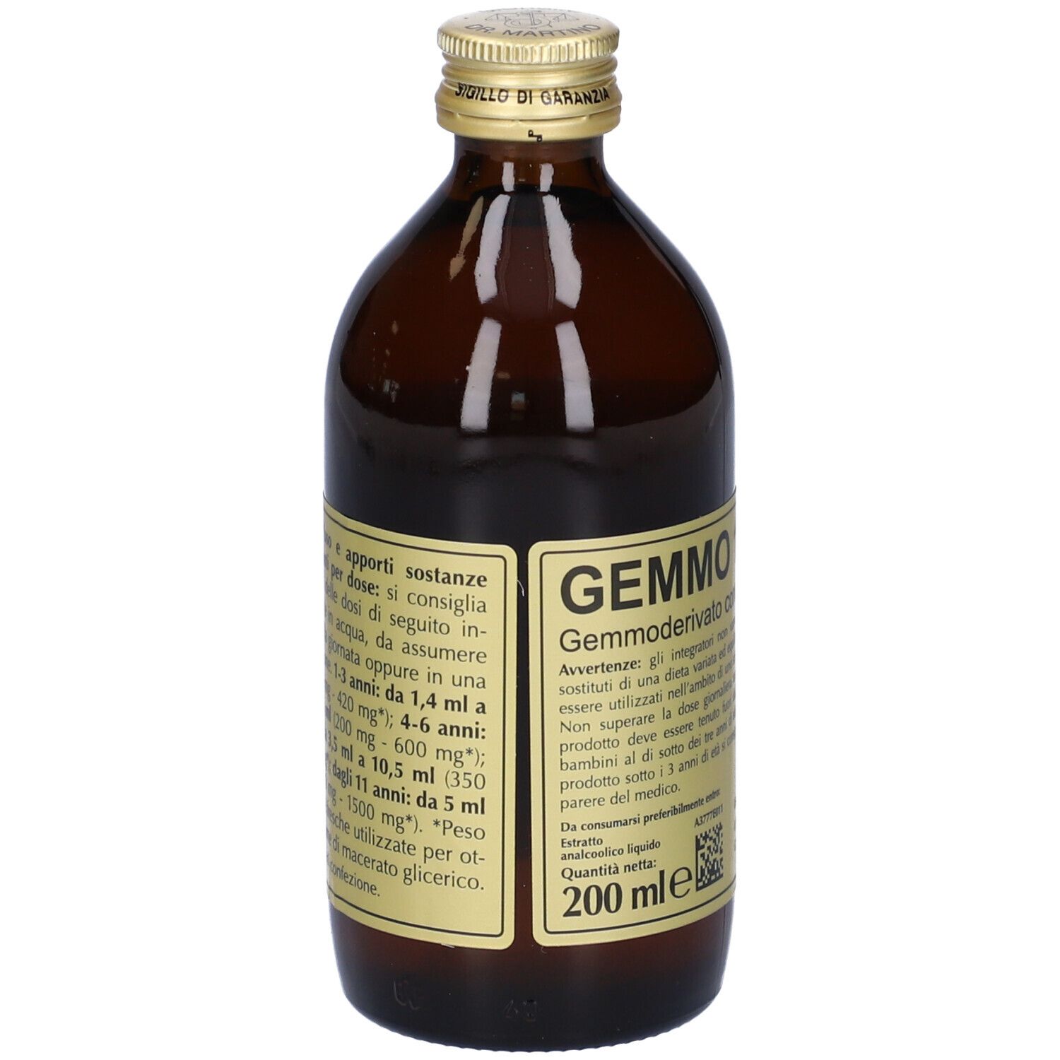 Flacon en verre brun avec bouchon doré et étiquette. L'étiquette indique 'Gemmo 10+' et 'Ficus Carica'.