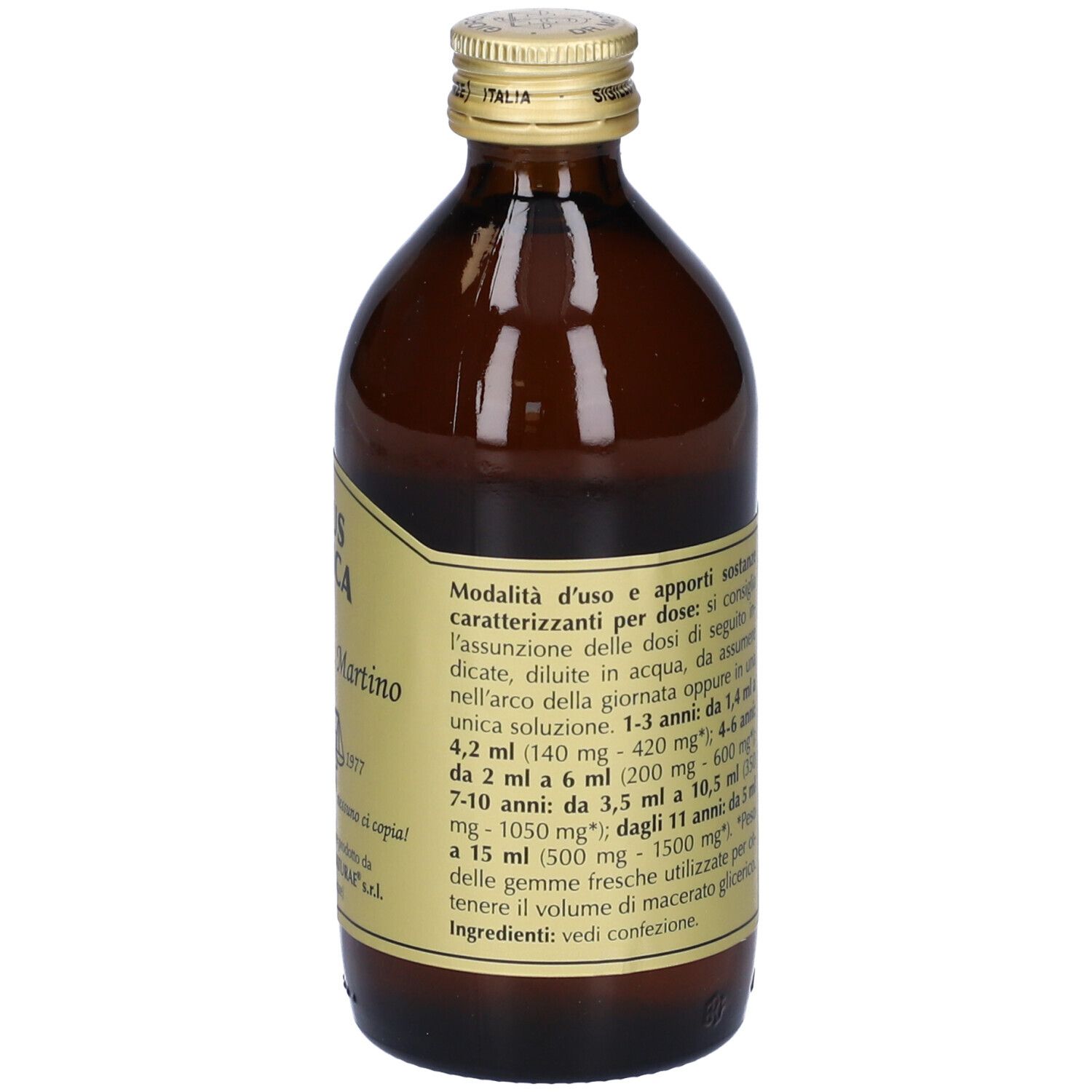 Flacon en verre brun avec bouchon doré et étiquette. L'étiquette indique 'Ficus Carica' et 'Giorgini Dr. Martino'.