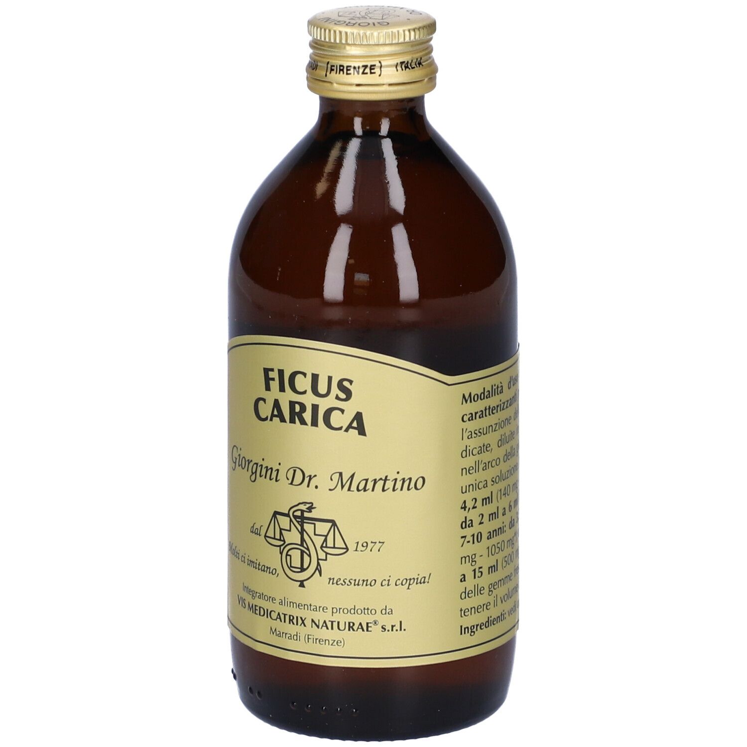 Flacon en verre brun avec bouchon doré et étiquette. L'étiquette indique 'Ficus Carica' et 'Giorgini Dr. Martino'.