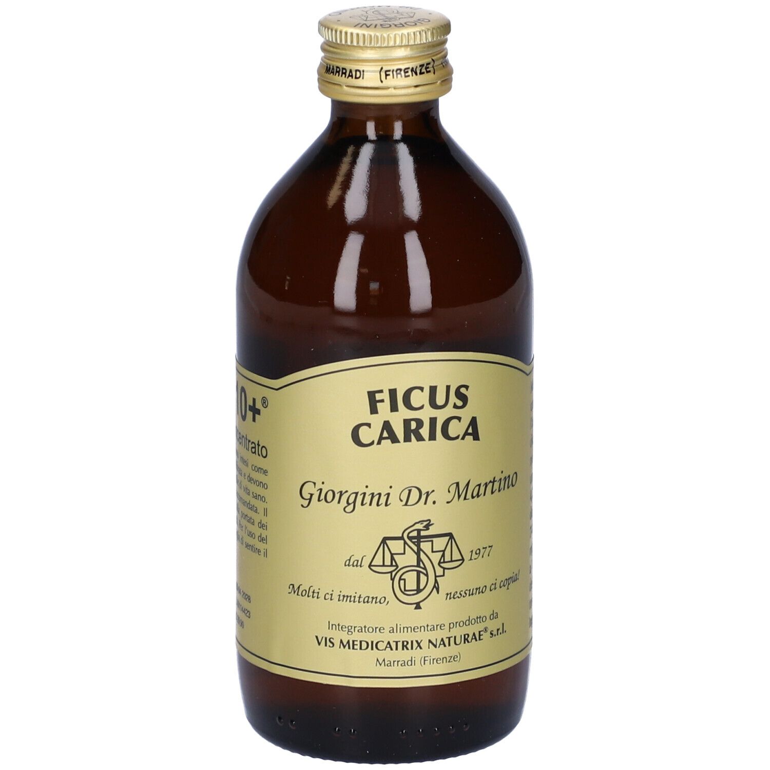 Flacon en verre brun avec bouchon doré et étiquette. L'étiquette indique 'Gemmo 10+' et 'Ficus Carica'.