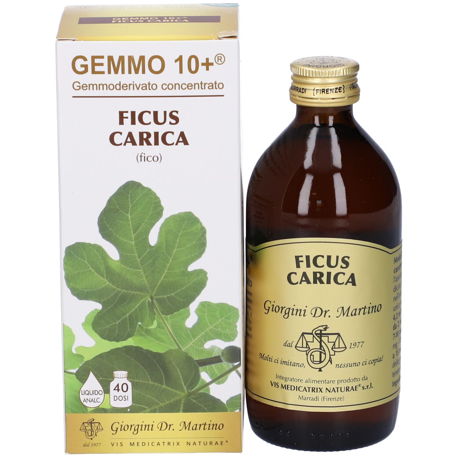 Flacon en verre brun avec bouchon doré et étiquette. À côté, une boîte avec des informations sur le produit et une feuille de figuier.