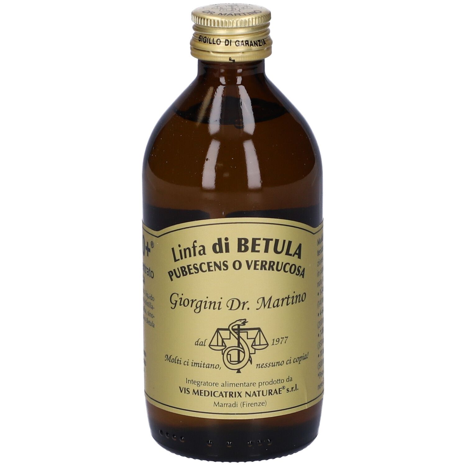 Flacon en verre brun avec étiquette dorée. L'étiquette indique 'Linfa di Betula' et 'Giorgini Dr. Martino'.