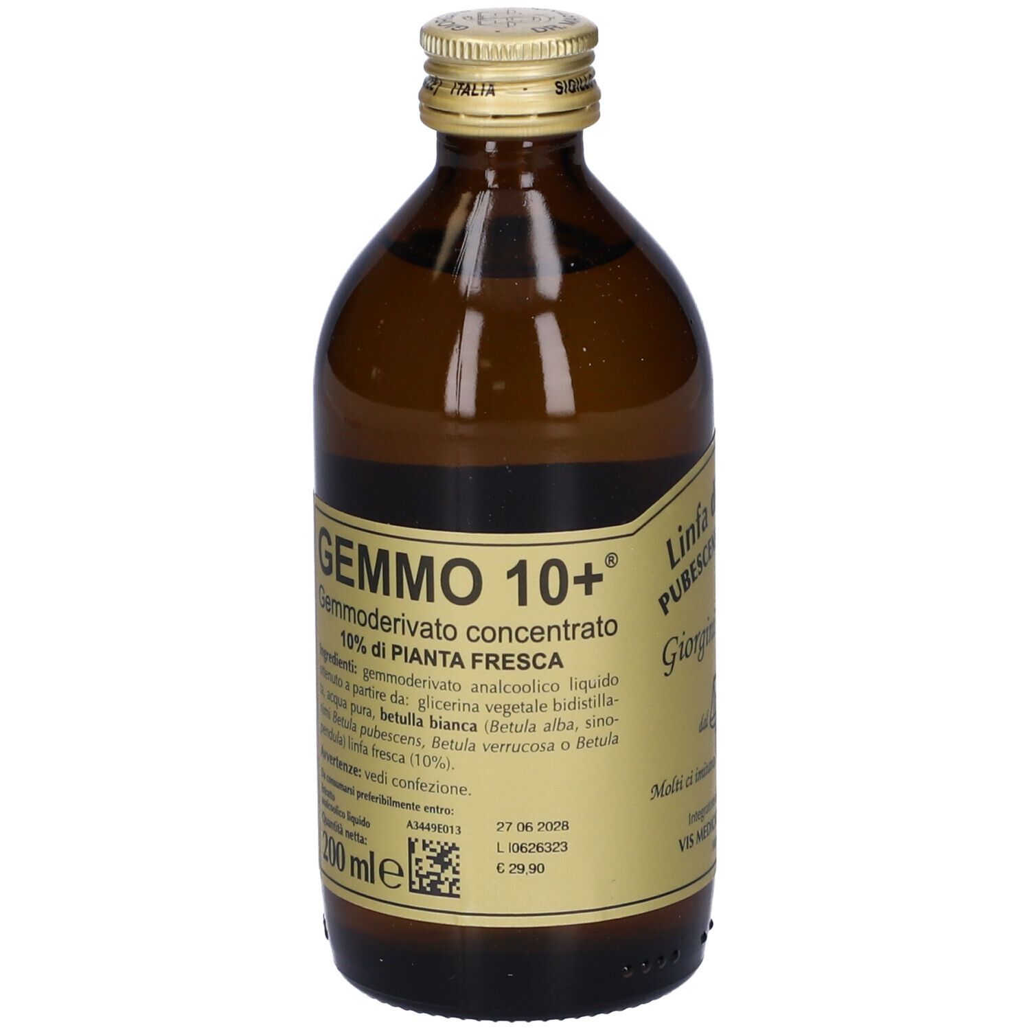 Flacon en verre brun avec étiquette dorée. L'étiquette indique 'GEMMO 10+' et 'Linfa di Betula'.