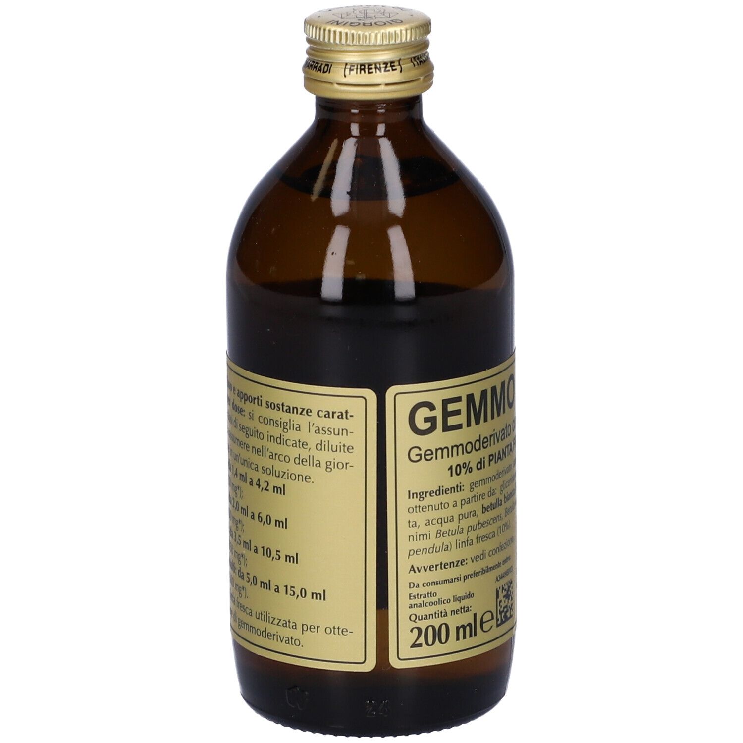Flacon en verre brun avec étiquette dorée. L'étiquette indique 'GEMMO 10+' et '200 ml'.