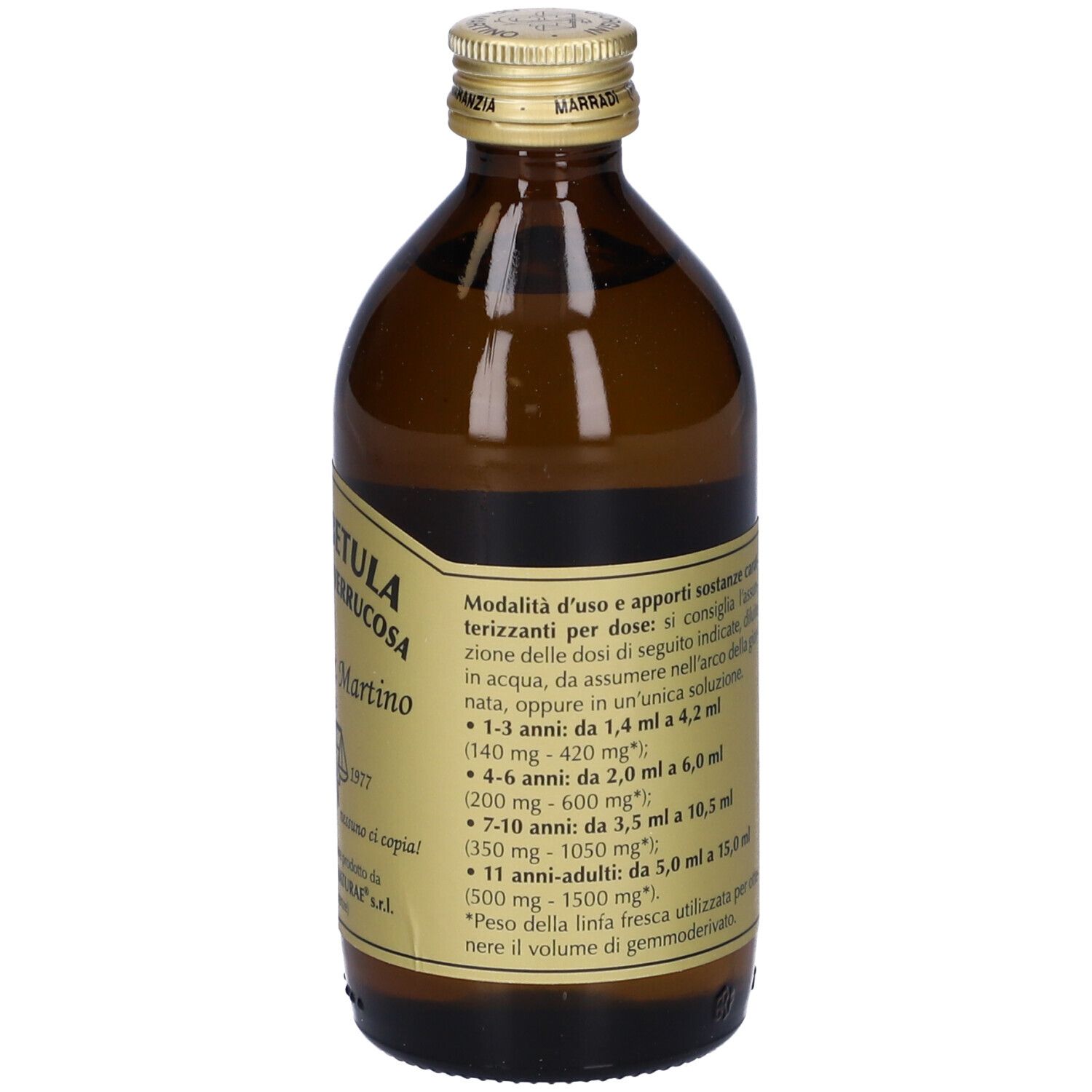 Flacon en verre brun avec étiquette dorée. L'étiquette indique 'Linfa di Betula' et des informations de dosage.