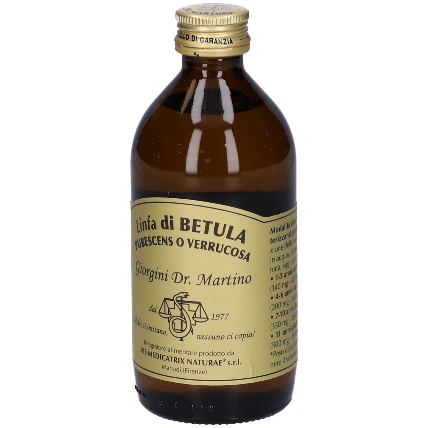Flacon en verre brun avec étiquette dorée. L'étiquette indique 'Linfa di Betula' et 'Giorgini Dr. Martino'.