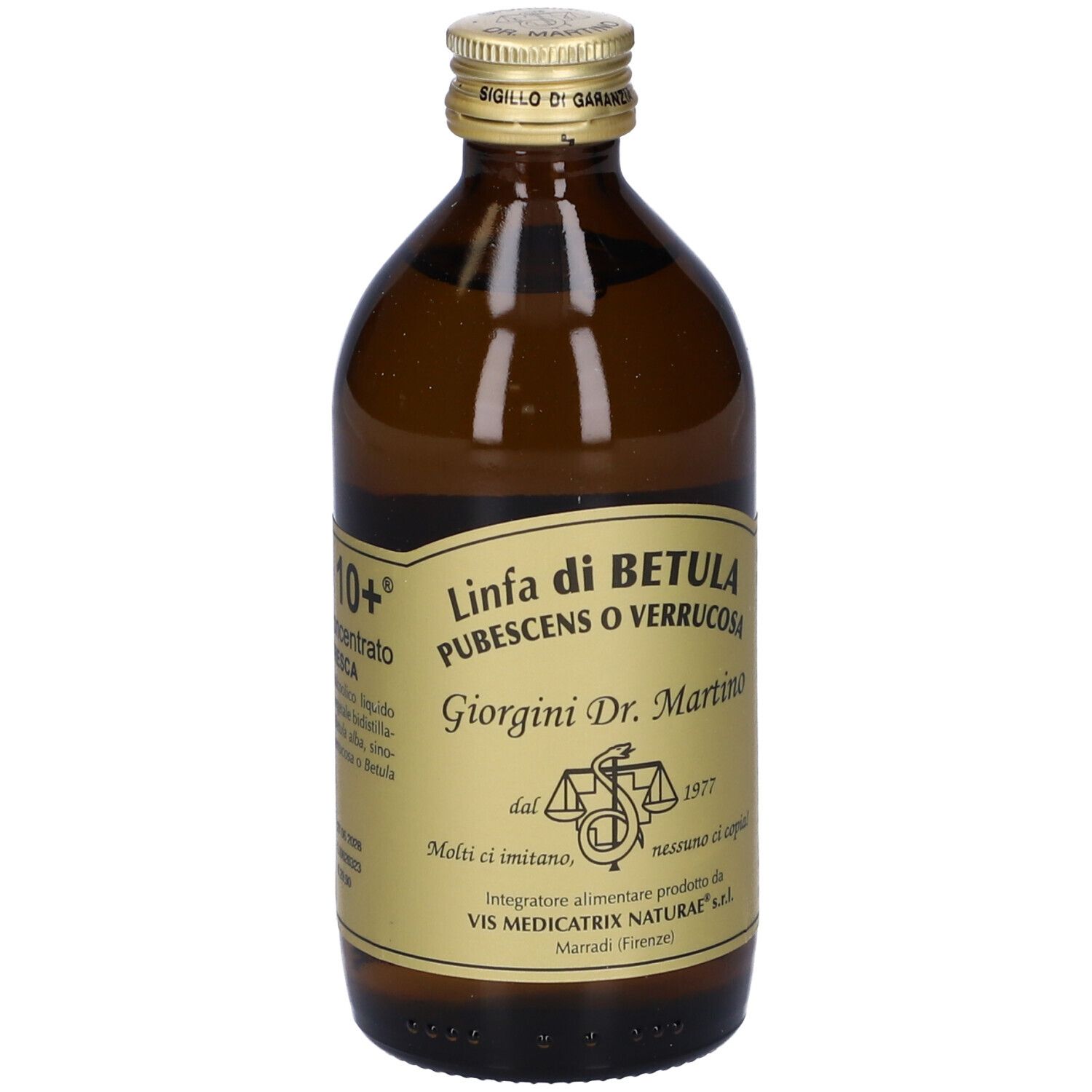 Flacon en verre brun avec étiquette dorée. L'étiquette indique 'Linfa di Betula' et 'Giorgini Dr. Martino'.