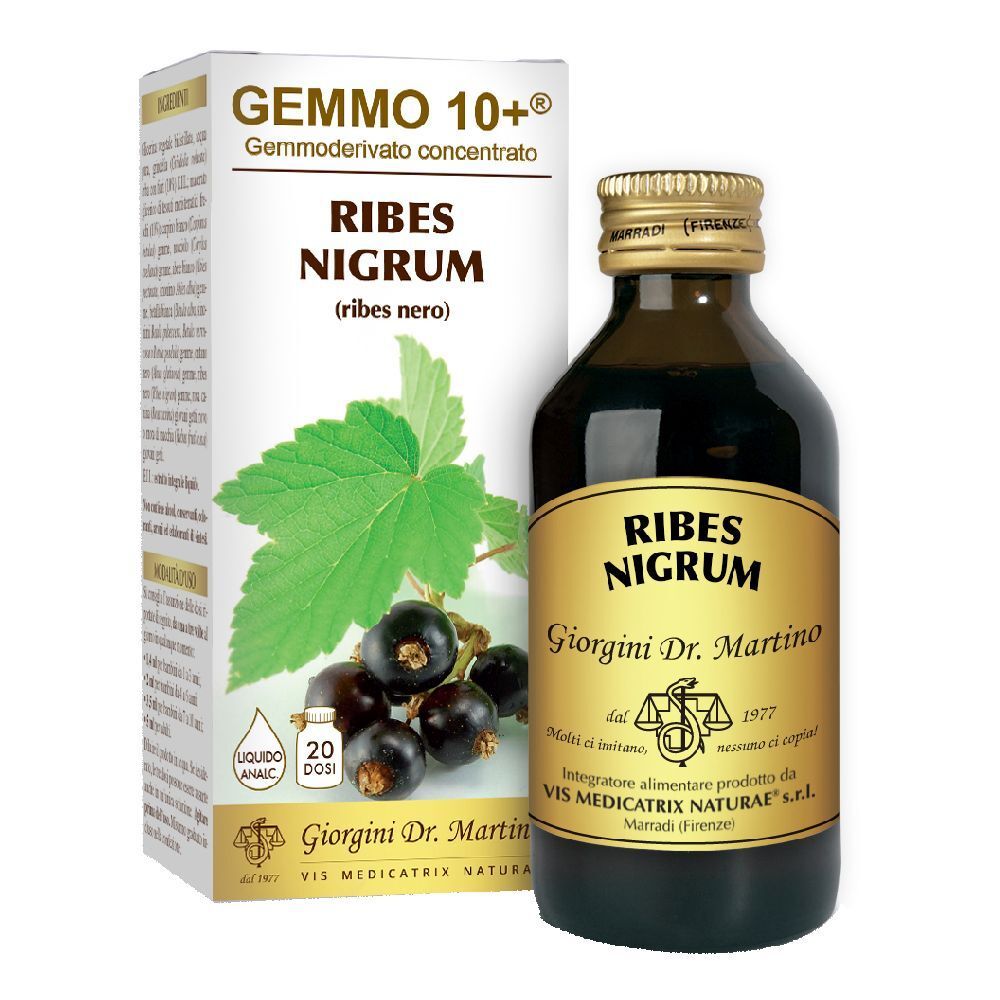 Flacon en verre brun et boîte avec le nom du produit RIBES NIGRUM. Inscription Giorgini Dr. Martino. Illustration de cassis et de feuilles.