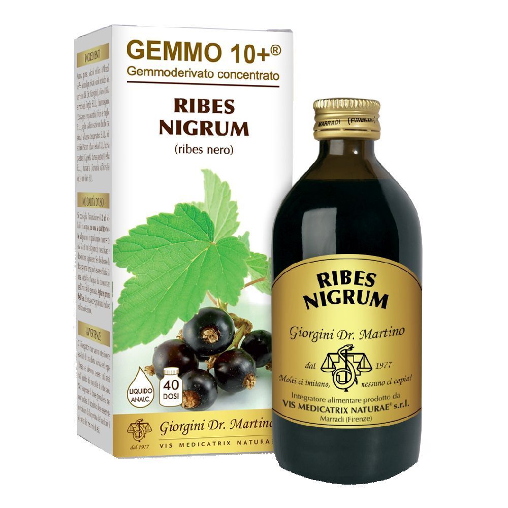 Flacon en verre brun avec étiquette dorée. L'étiquette indique Ribes Nigrum. À côté, une boîte avec des informations sur le produit et une image de cassis.