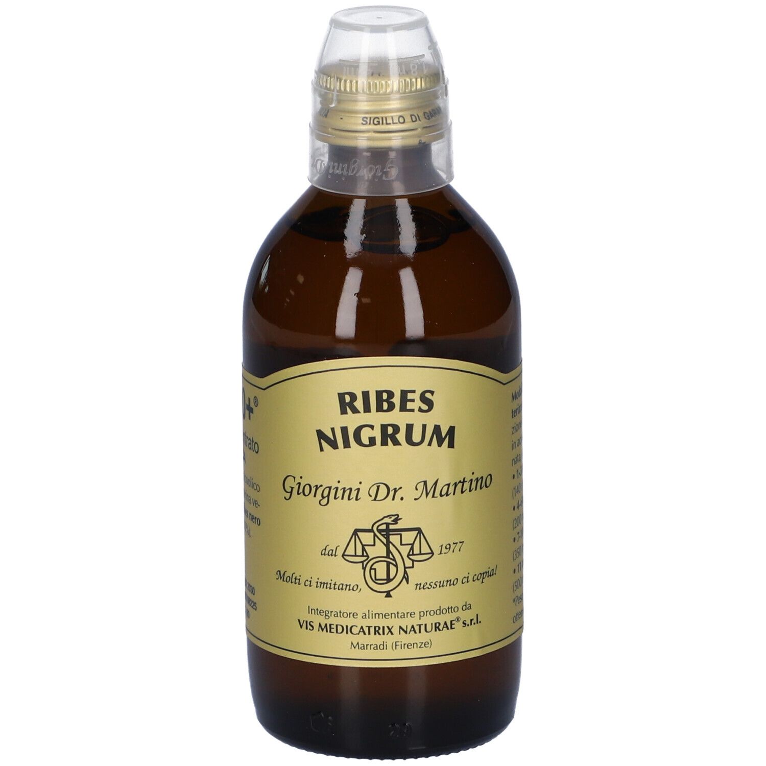 Flacon en verre brun avec étiquette dorée. Gemmo 10+ et Ribes Nigrum sont indiqués. Le col de la bouteille est scellé avec du papier doré.