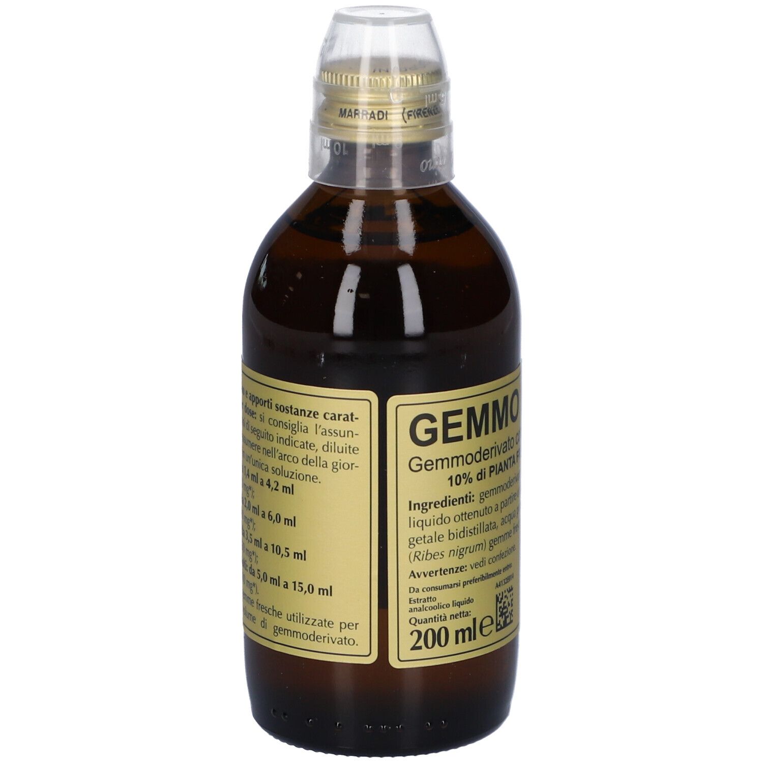 Flacon en verre brun avec étiquette dorée. Gemmo 10+ et Ribes Nigrum sont indiqués. Le col de la bouteille est scellé avec du papier doré.