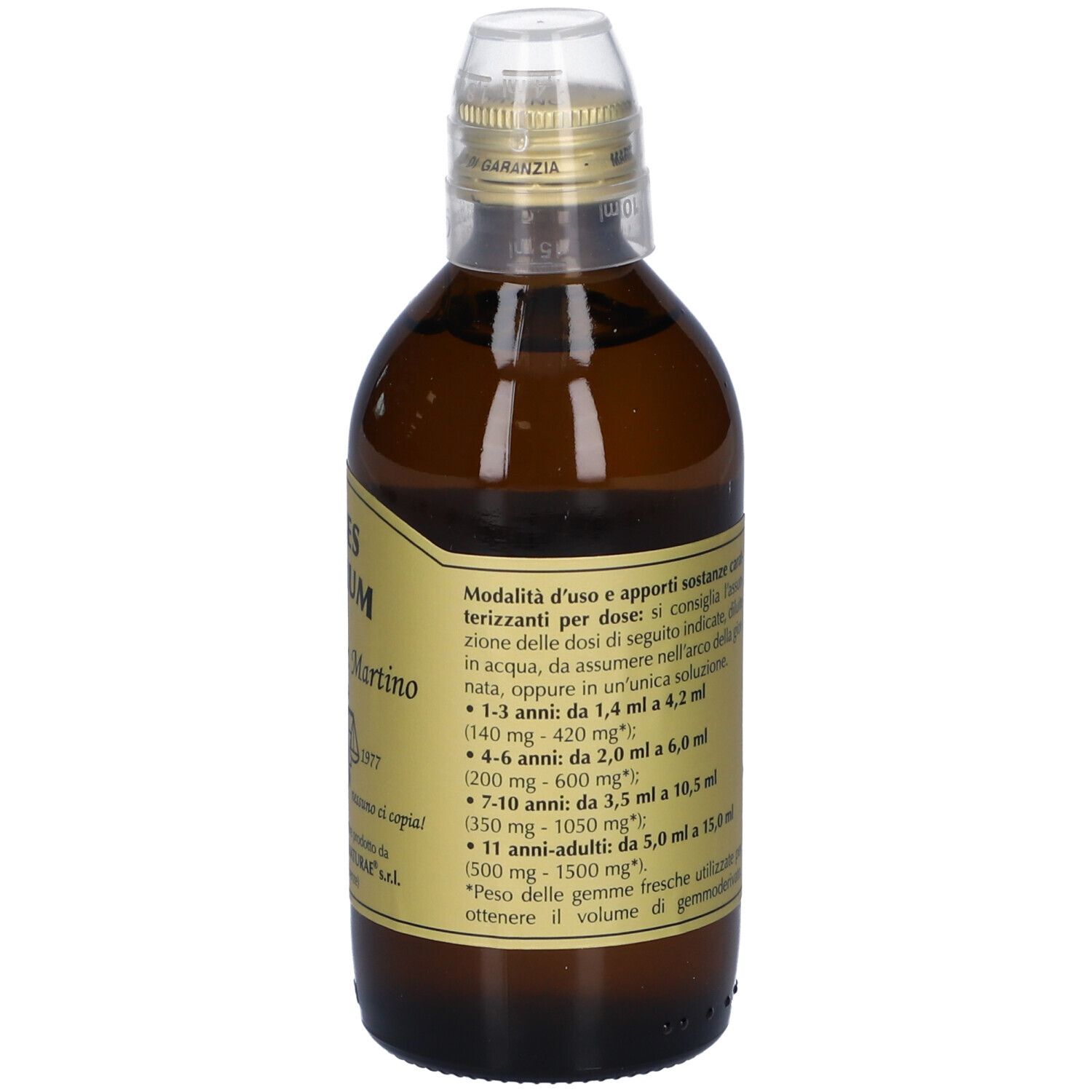 Flacon en verre brun avec étiquette dorée. Gemmo 10+ et Ribes Nigrum sont indiqués. Le col de la bouteille est scellé avec du papier doré.